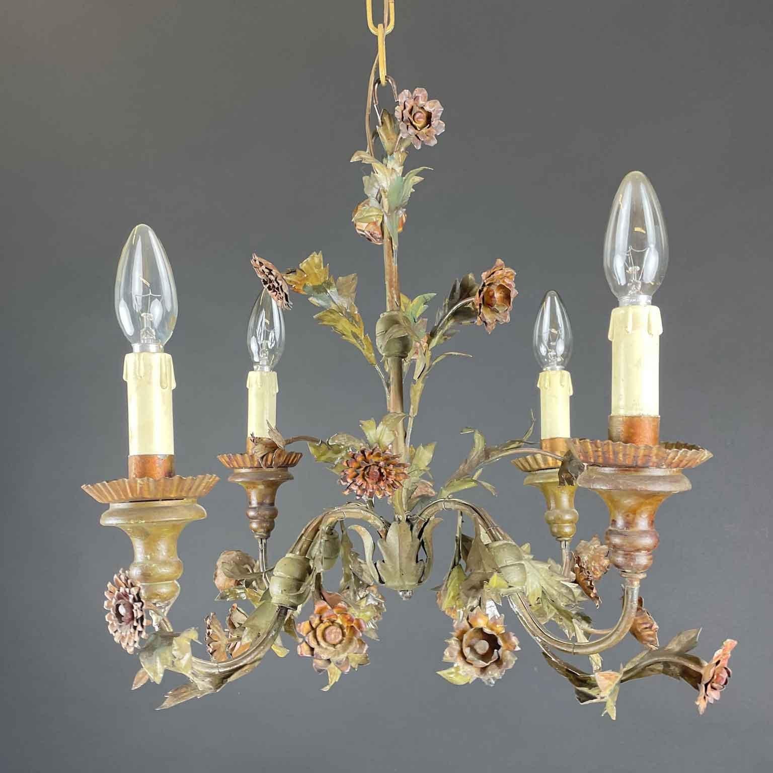 20th Century Italian Floral Green Painted Metal Chandelier Four-Light 8