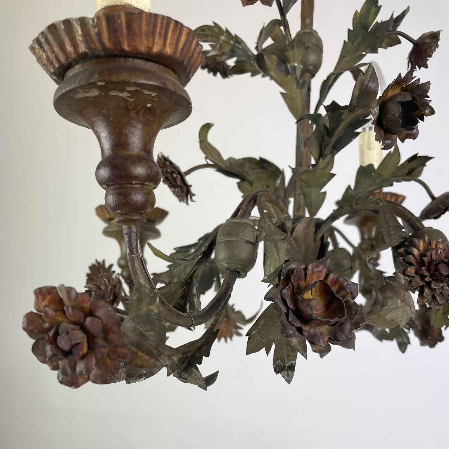 20th Century Italian Floral Green Painted Metal Chandelier Four-Light 10