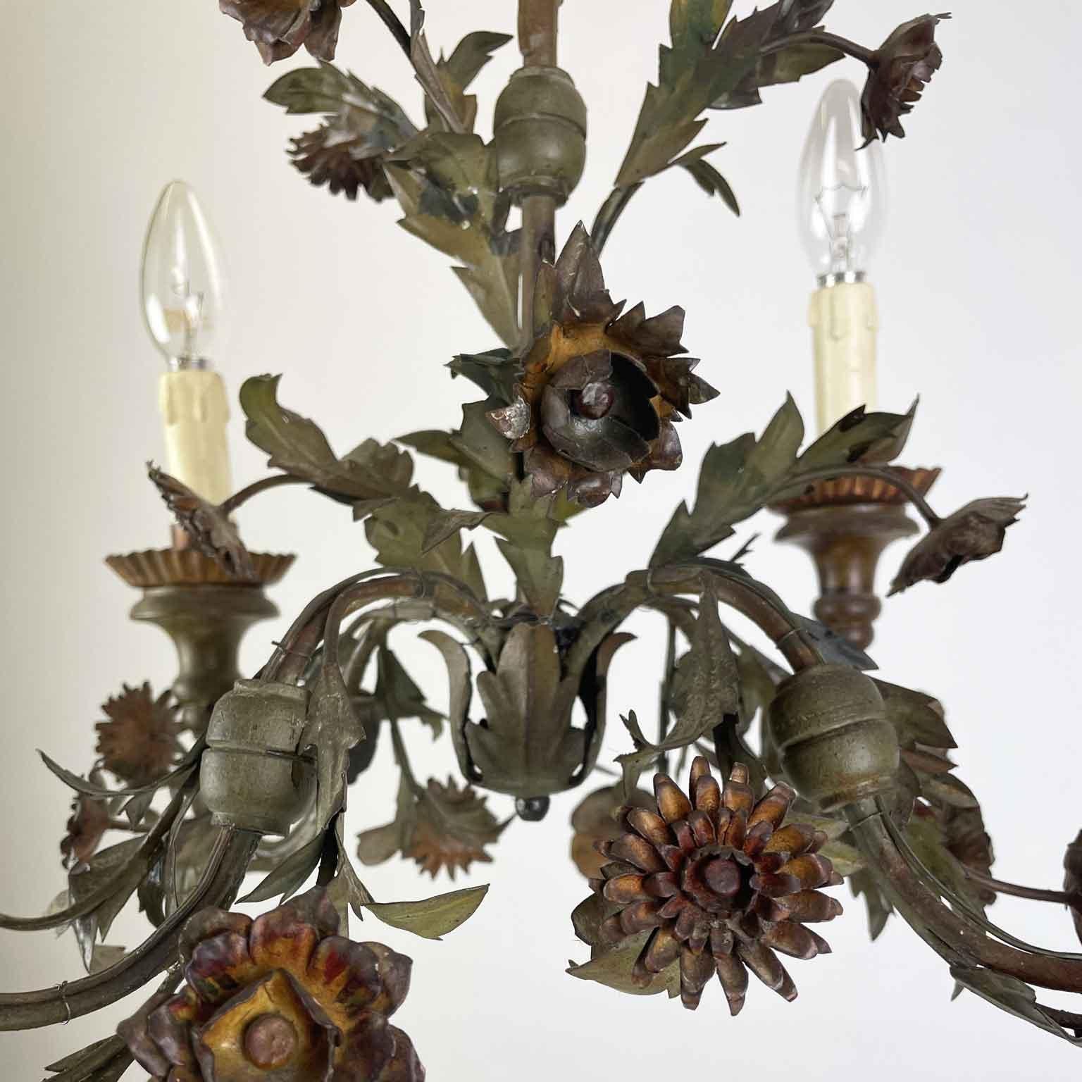 20th Century Italian Floral Green Painted Metal Chandelier Four-Light 11