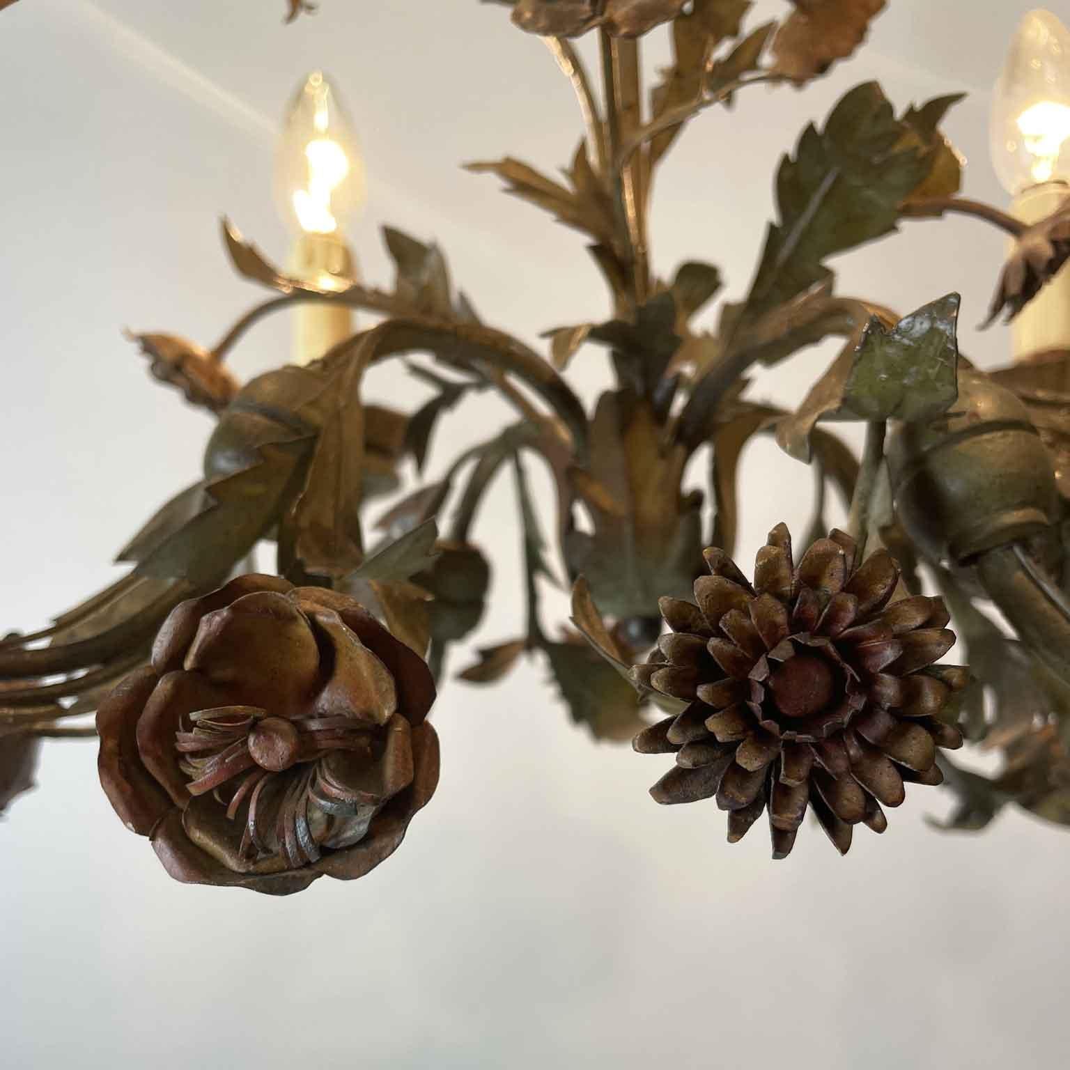 20th Century Italian Floral Green Painted Metal Chandelier Four-Light 12