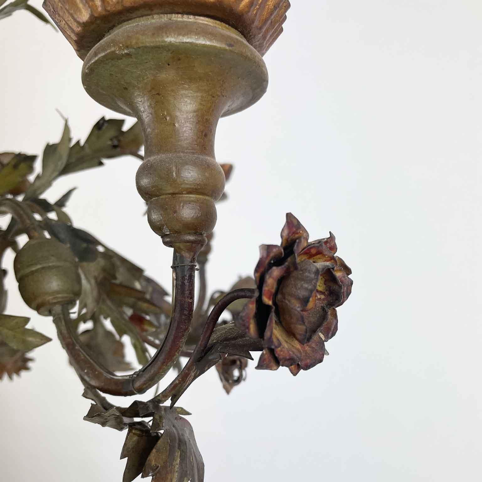 20th Century Italian Floral Green Painted Metal Chandelier Four-Light 13