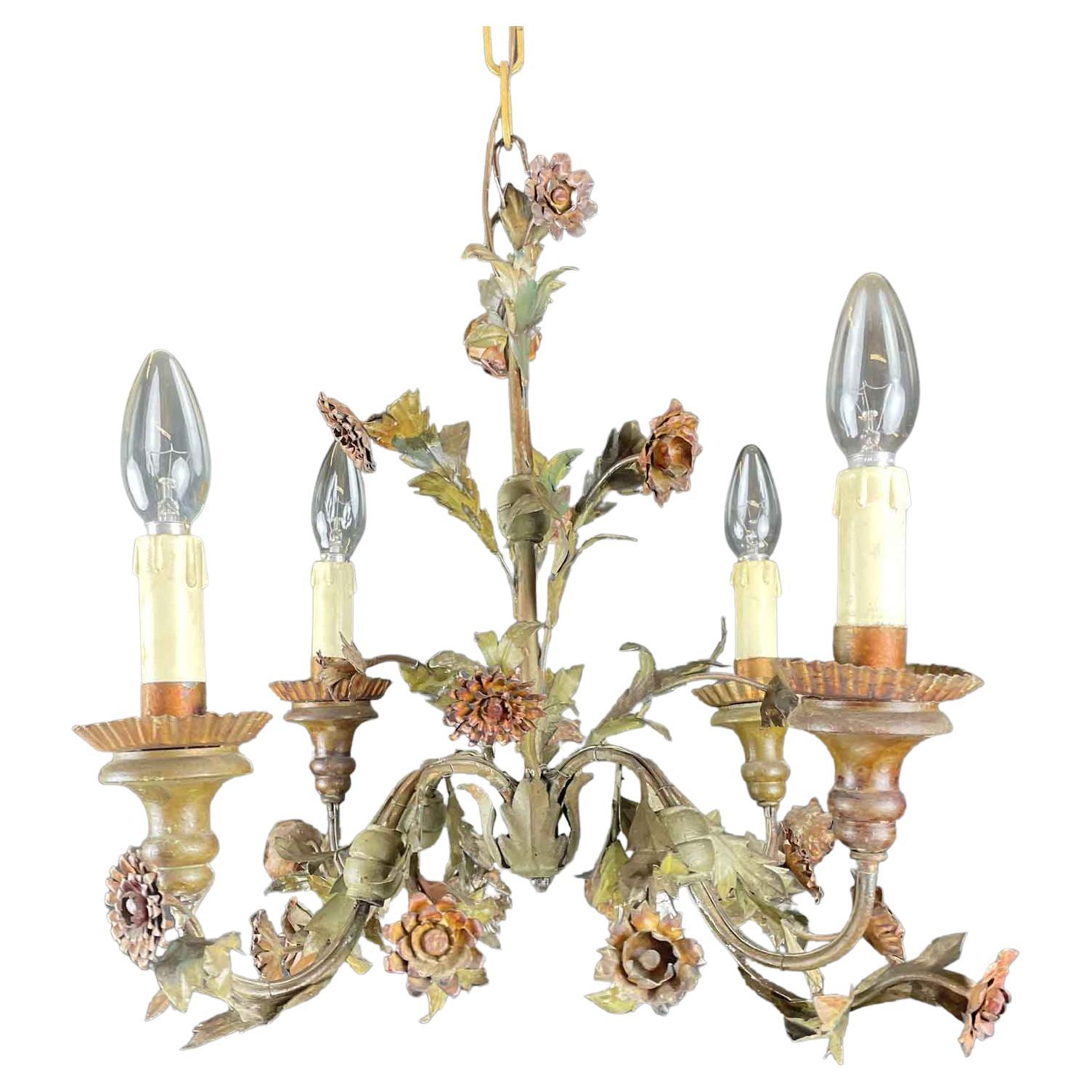 20th Century Italian Floral Green Painted Metal Chandelier Four-Light 6