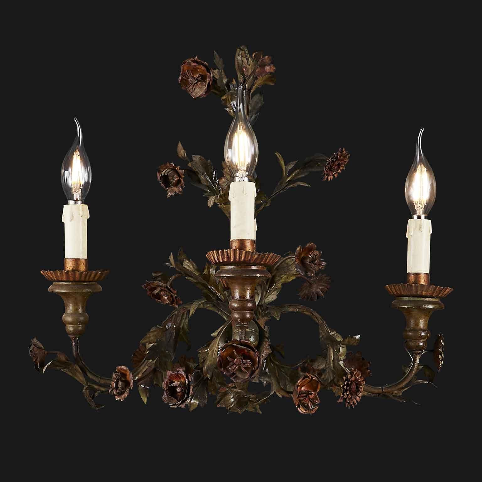20th Century Italian Floral Green Painted Metal Chandelier Four-Light 14