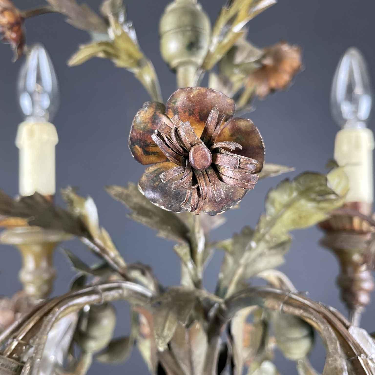 Iron 20th Century Italian Floral Green Painted Metal Chandelier Four-Light