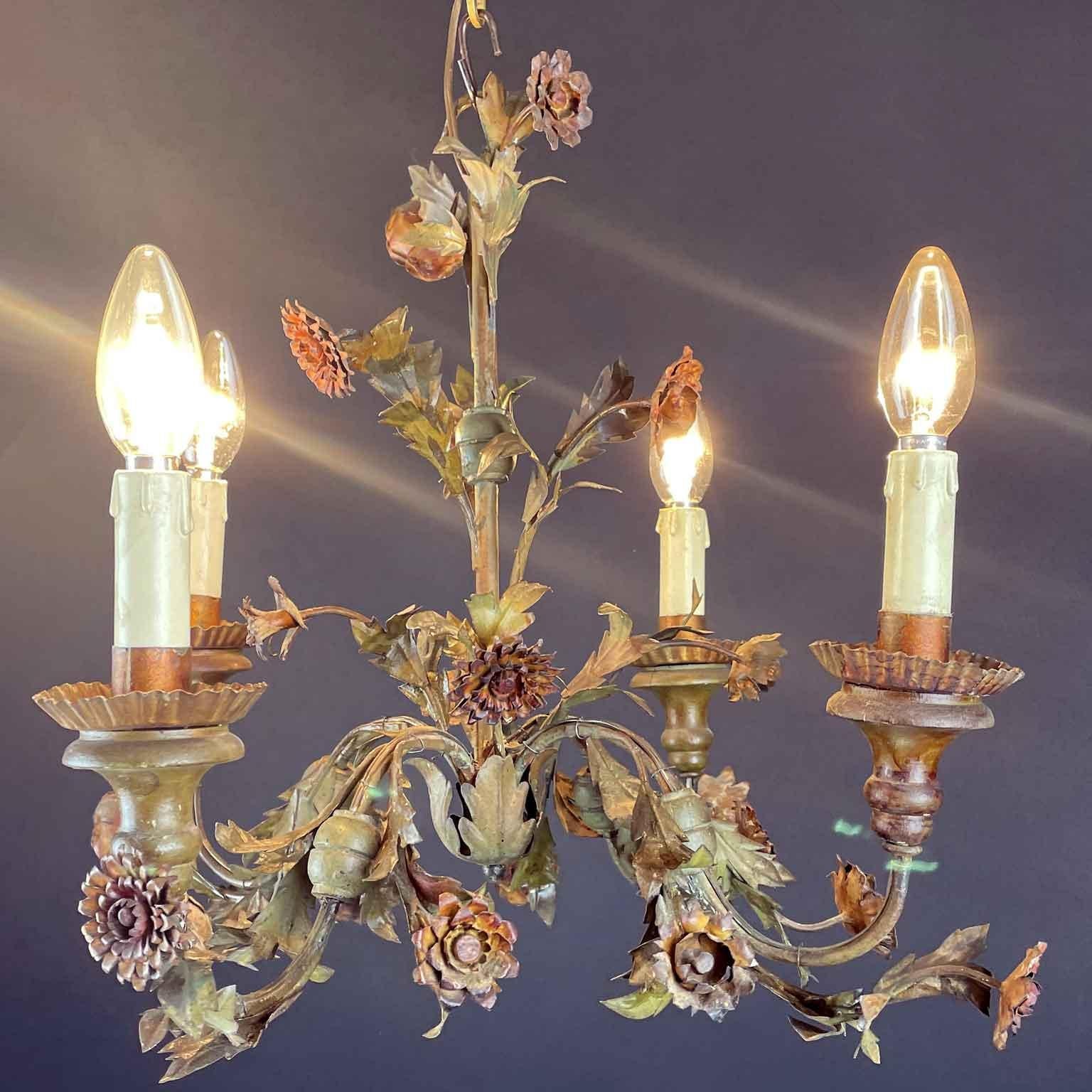 20th Century Italian Floral Green Painted Metal Chandelier Four-Light 1