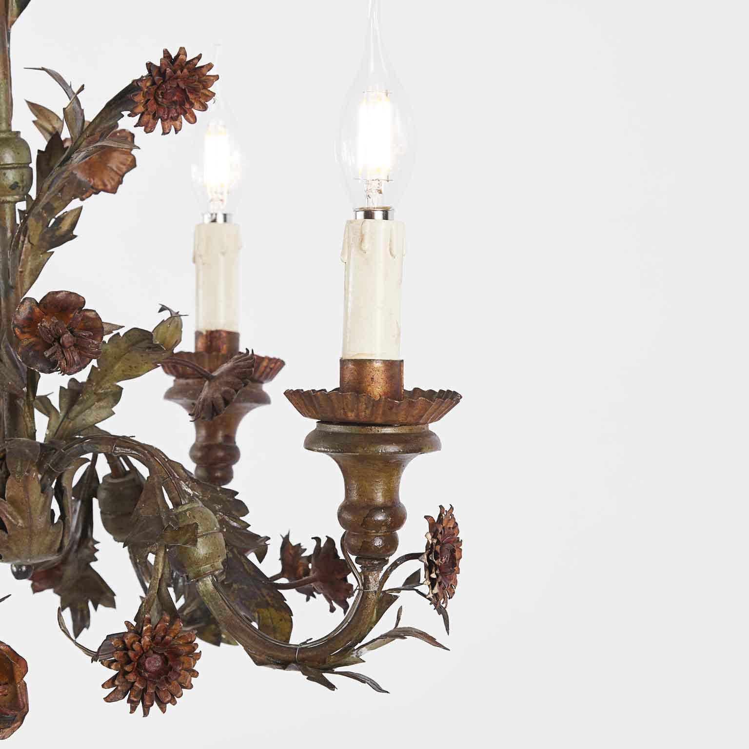 Embossed 20th Century Italian Floral Green Painted Metal Chandelier Four-Light