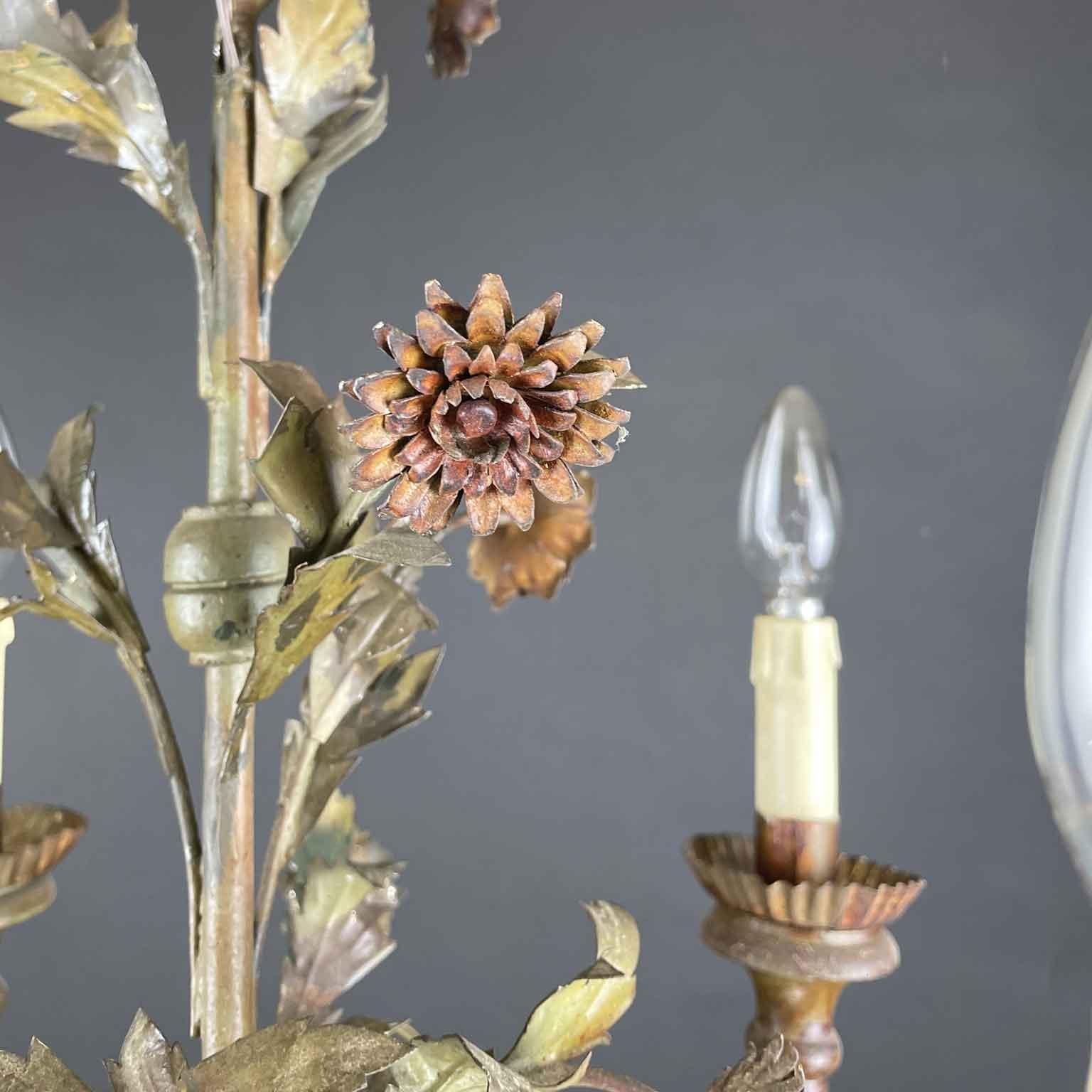 20th Century Italian Floral Green Painted Metal Chandelier Four-Light 3