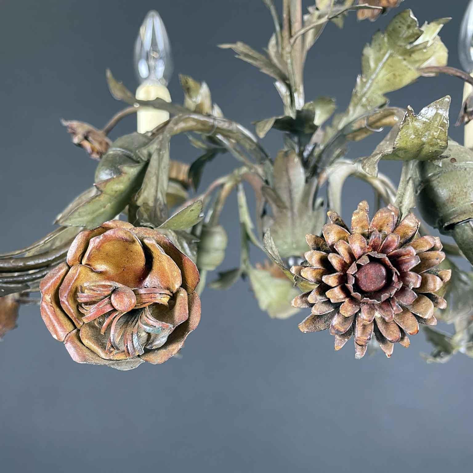 20th Century Italian Floral Green Painted Metal Chandelier Four-Light 4