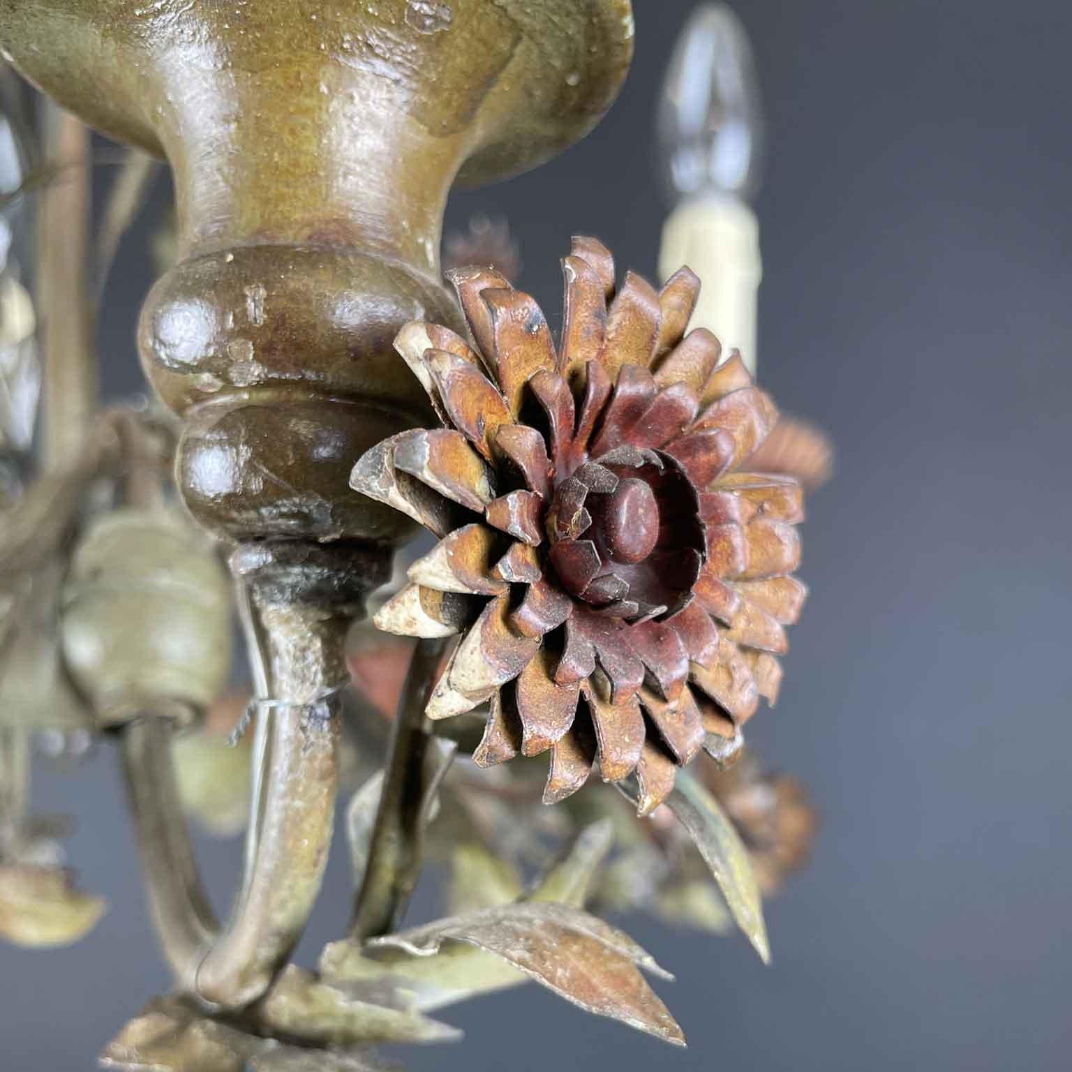 20th Century Italian Floral Green Painted Metal Chandelier Four-Light 5