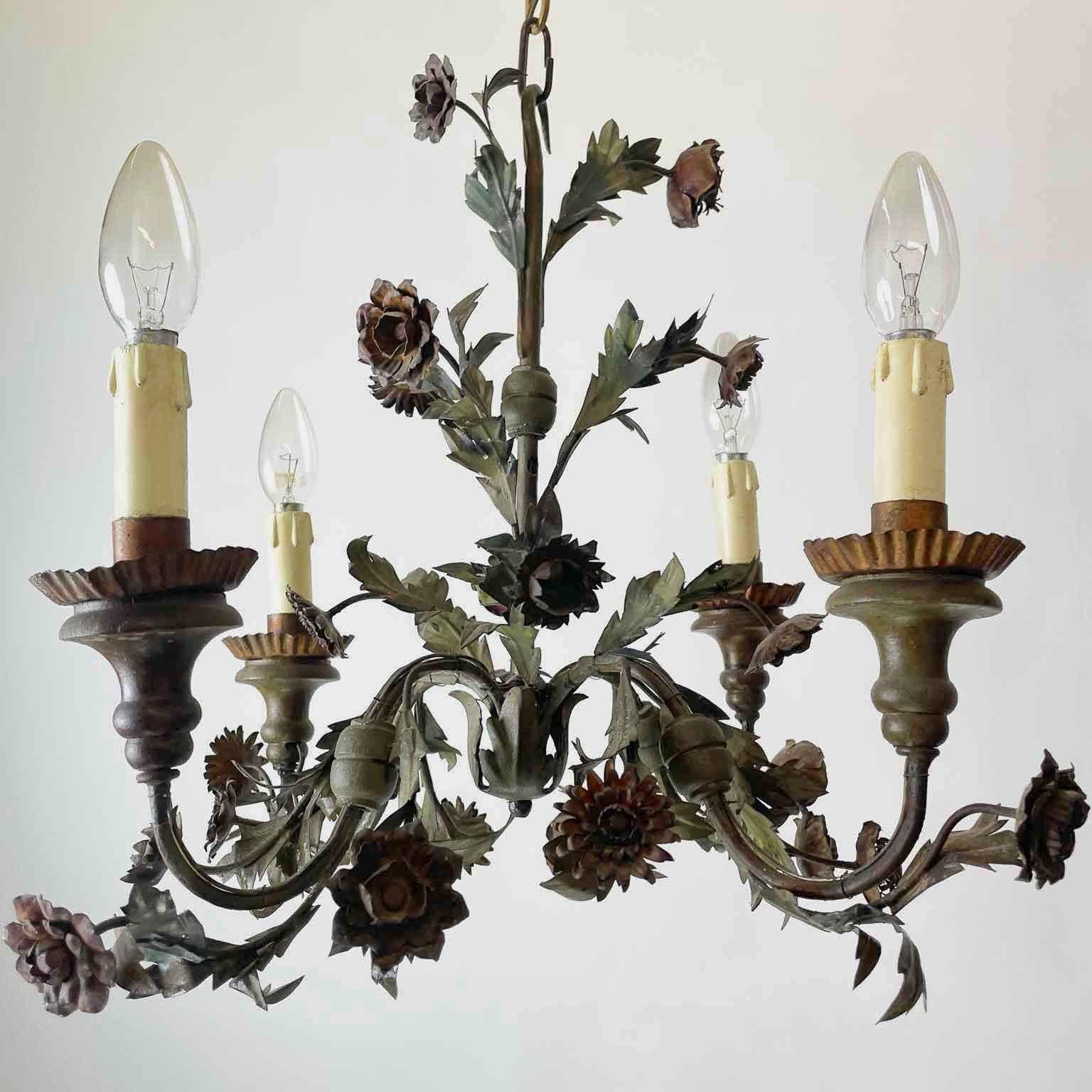 20th Century Italian Floral Green Painted Metal Chandelier Four-Light 7