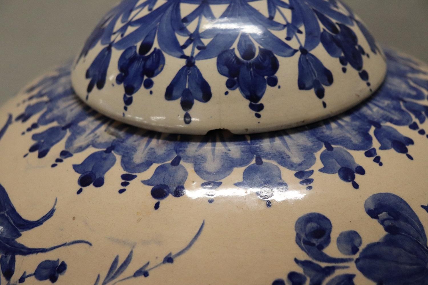 Hand-Painted 20th Century Italian Florentine Ceramic Vase with Blue Floreal Decorations