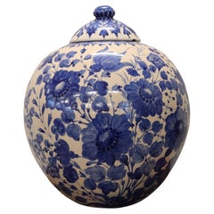 20th Century Italian Florentine Ceramic Vase with Blue Floreal Decorations