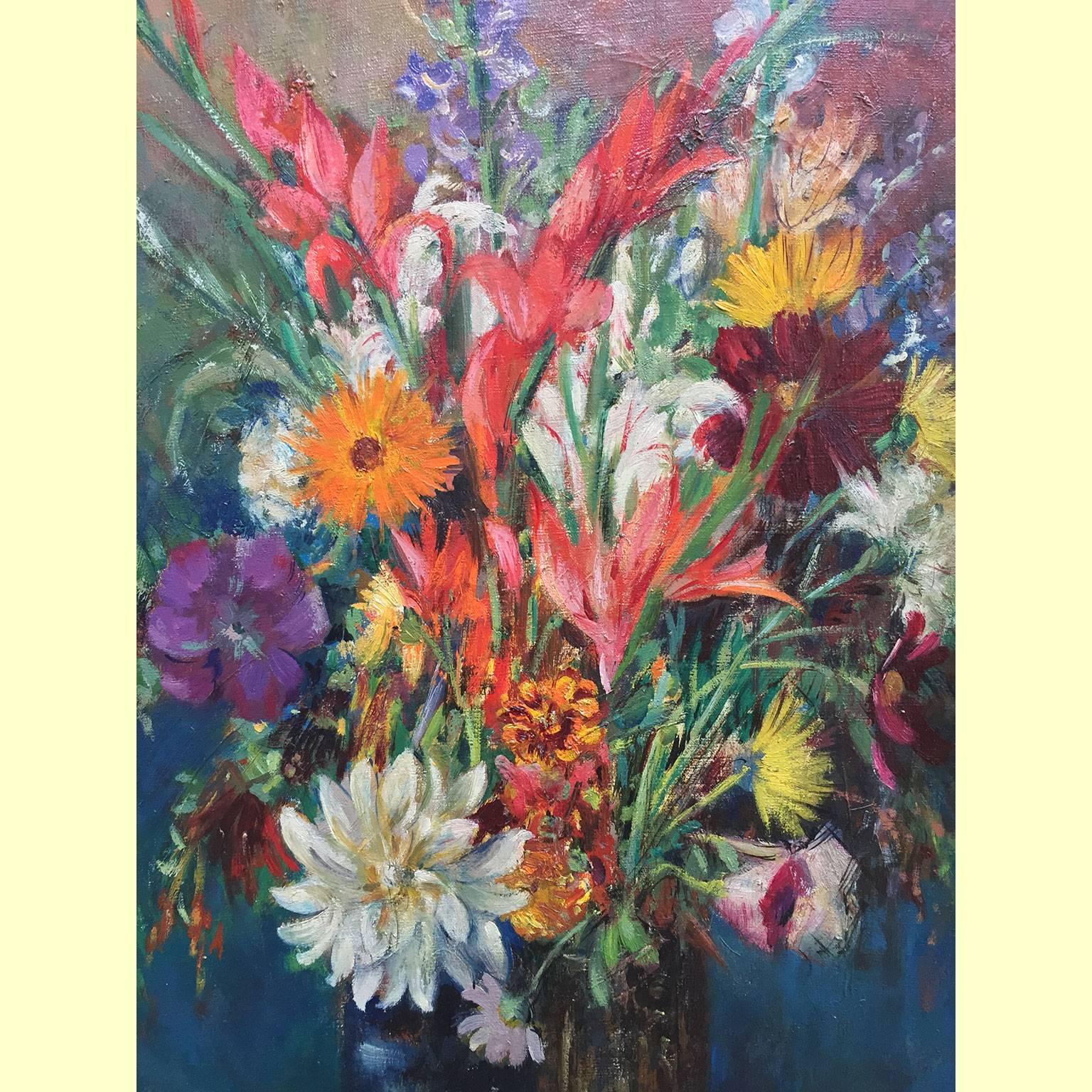 Hand-Painted 20th Century Italian Flowers Still Life Signed Umberto Montini For Sale