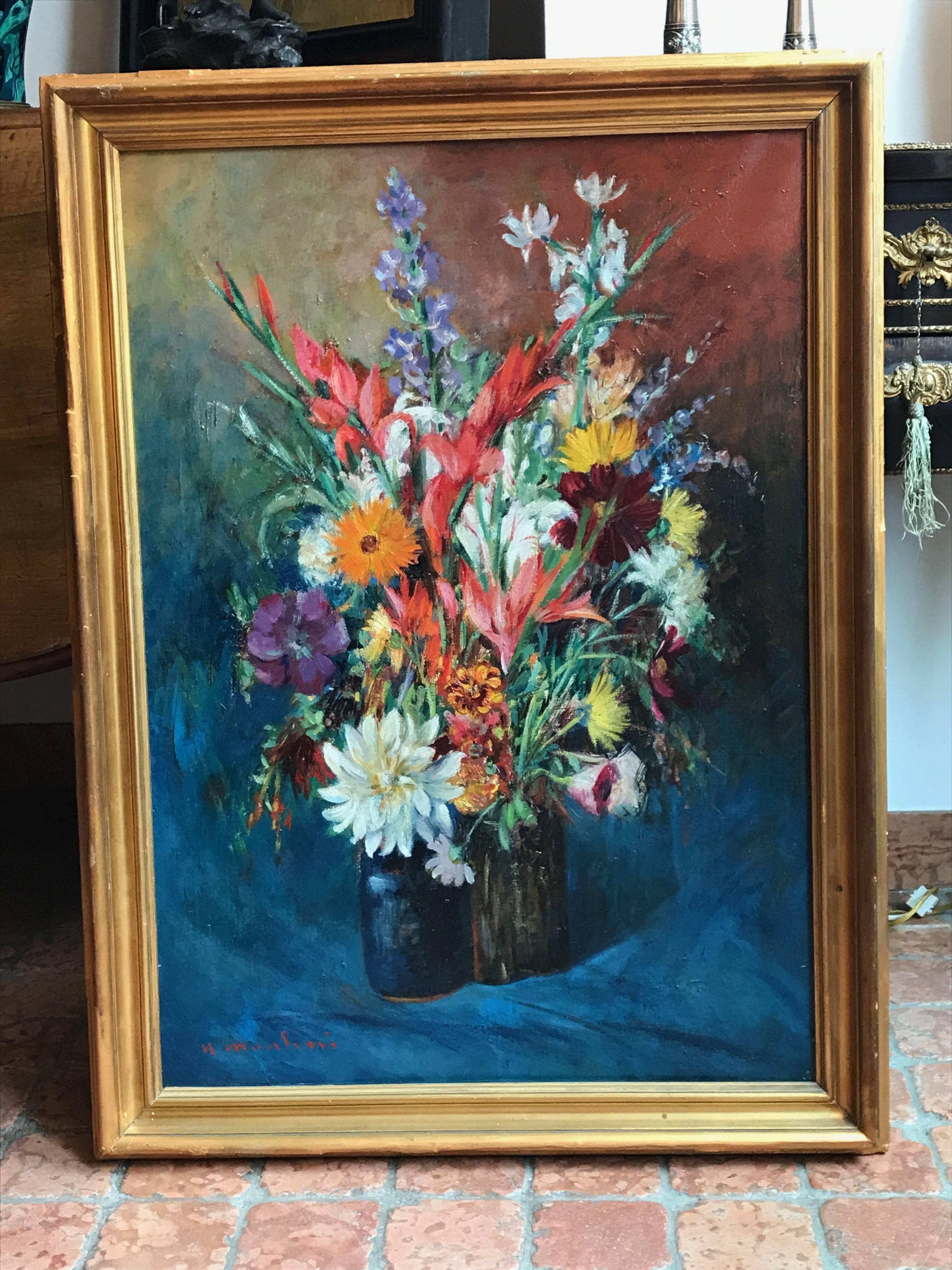 20th Century Italian Flowers Still Life Signed Umberto Montini In Good Condition For Sale In Milan, IT