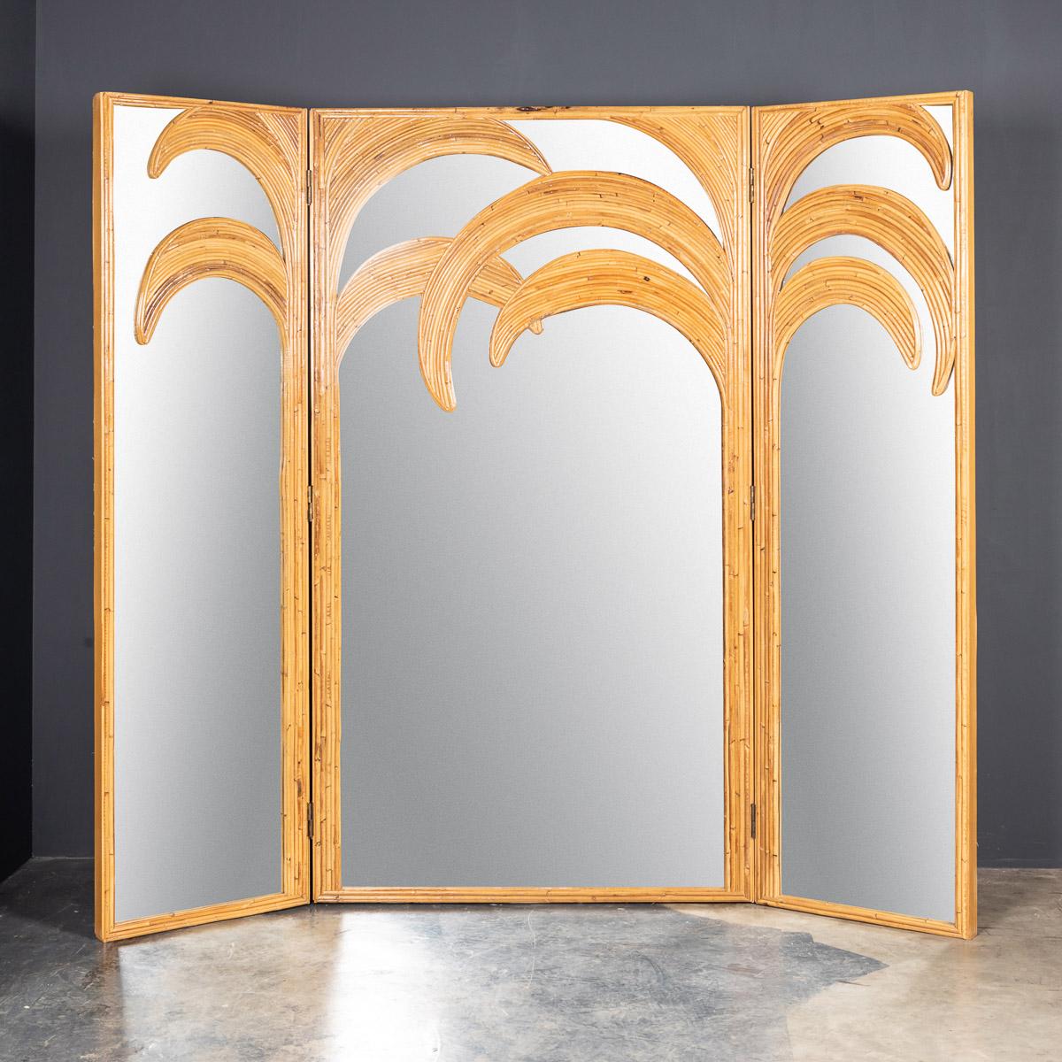 Striking 20th Century Italian mirrored screen from the 'Parma' series, by Vivai del Sud bamboo. This exquisite screen consists of bamboo palm tree motif inlay on a 3-panel mirrored screen. In the spirit of Vivai del Sud, the use of trompe l'oeil
