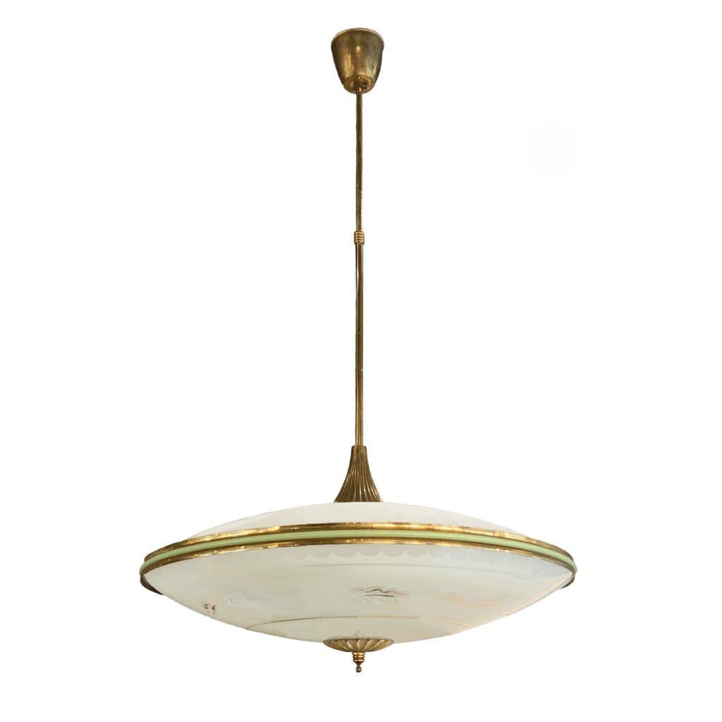 A large vintage Art Deco Italian ceiling light, lamp made of handcrafted brass and partially etched, hand blown smoked crystal glass, designed by Pietro Chiesa and produced by Fontana Arte, in good condition. The wires have been renewed. Wear