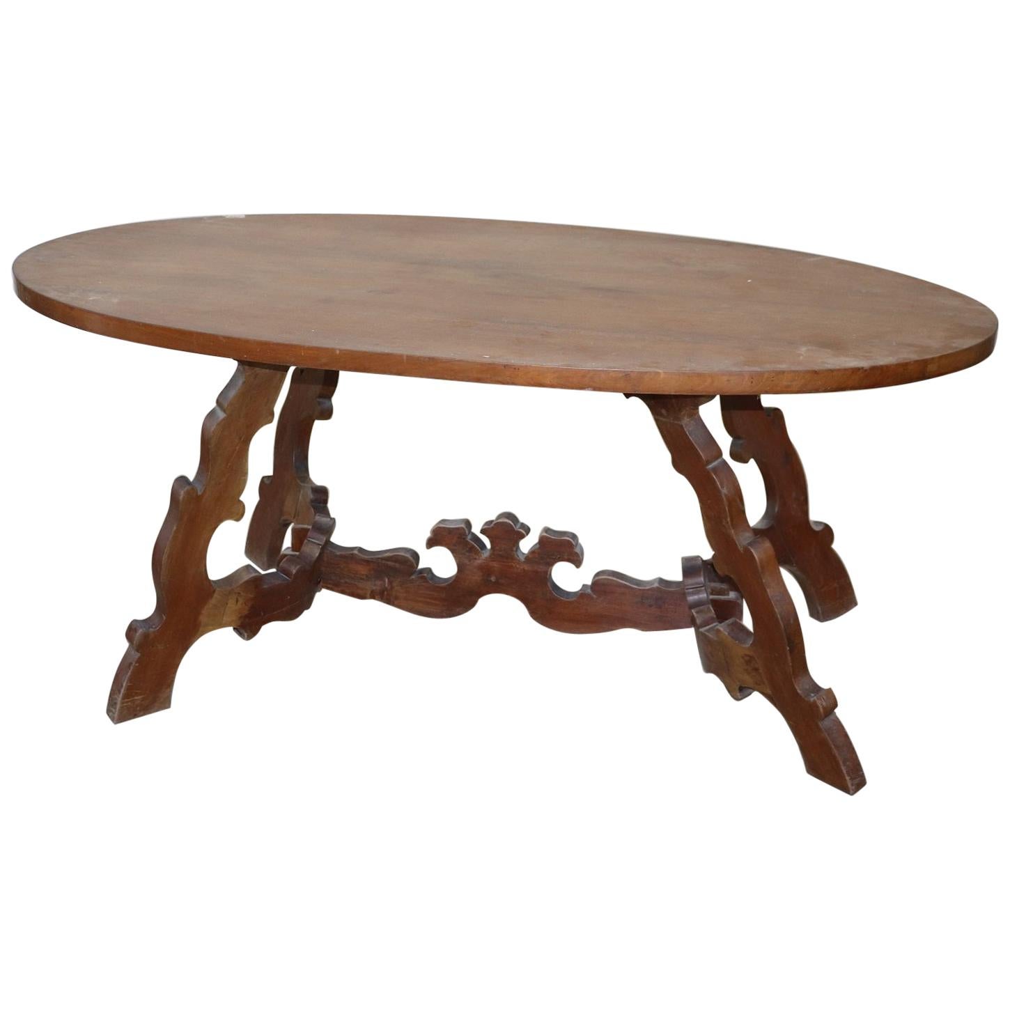 20th Century Italian Fratino Walnut Wood Oval Table with Lyre-Shaped Legs For Sale