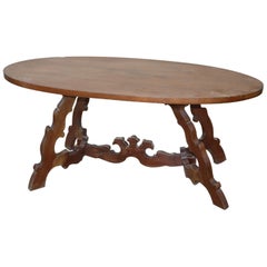 Vintage 20th Century Italian Fratino Walnut Wood Oval Table with Lyre-Shaped Legs