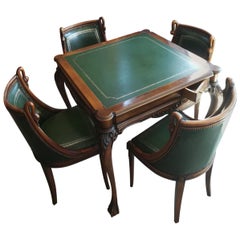 20th Century Italian Game Table with Four Chairs in Walnut and Green Leather