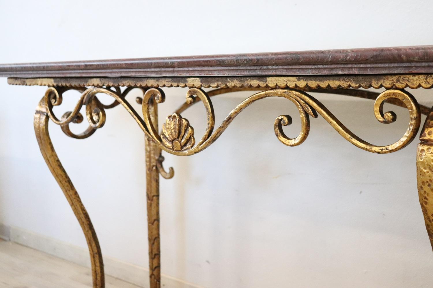 Late 20th Century 20th Century Italian Gilded Iron and Marble Top Console Table