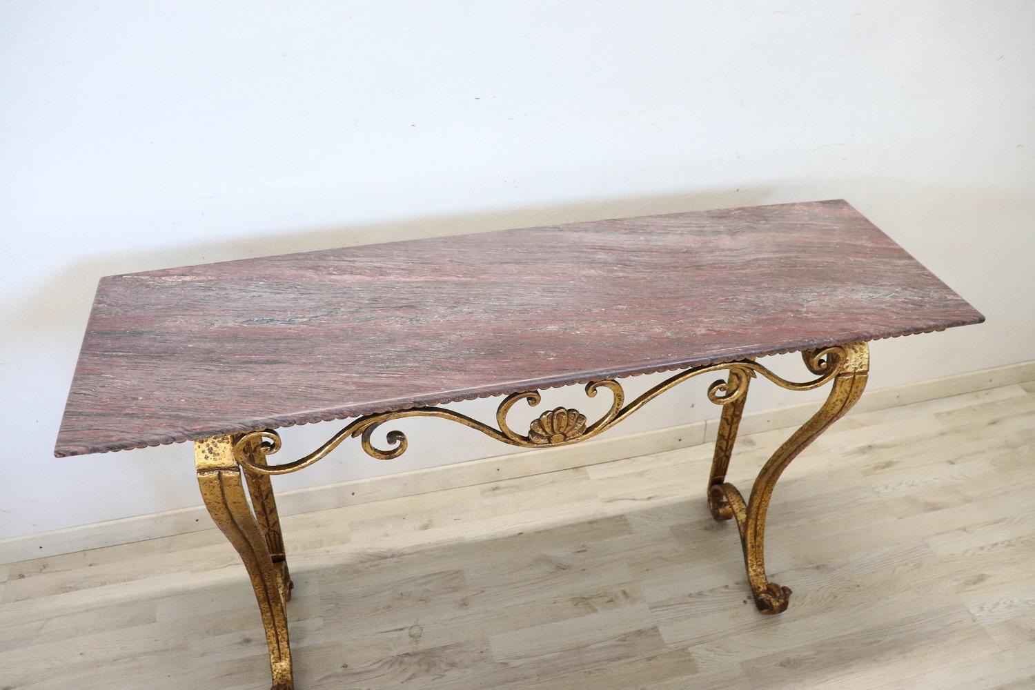 20th Century Italian Gilded Iron and Marble Top Console Table 1