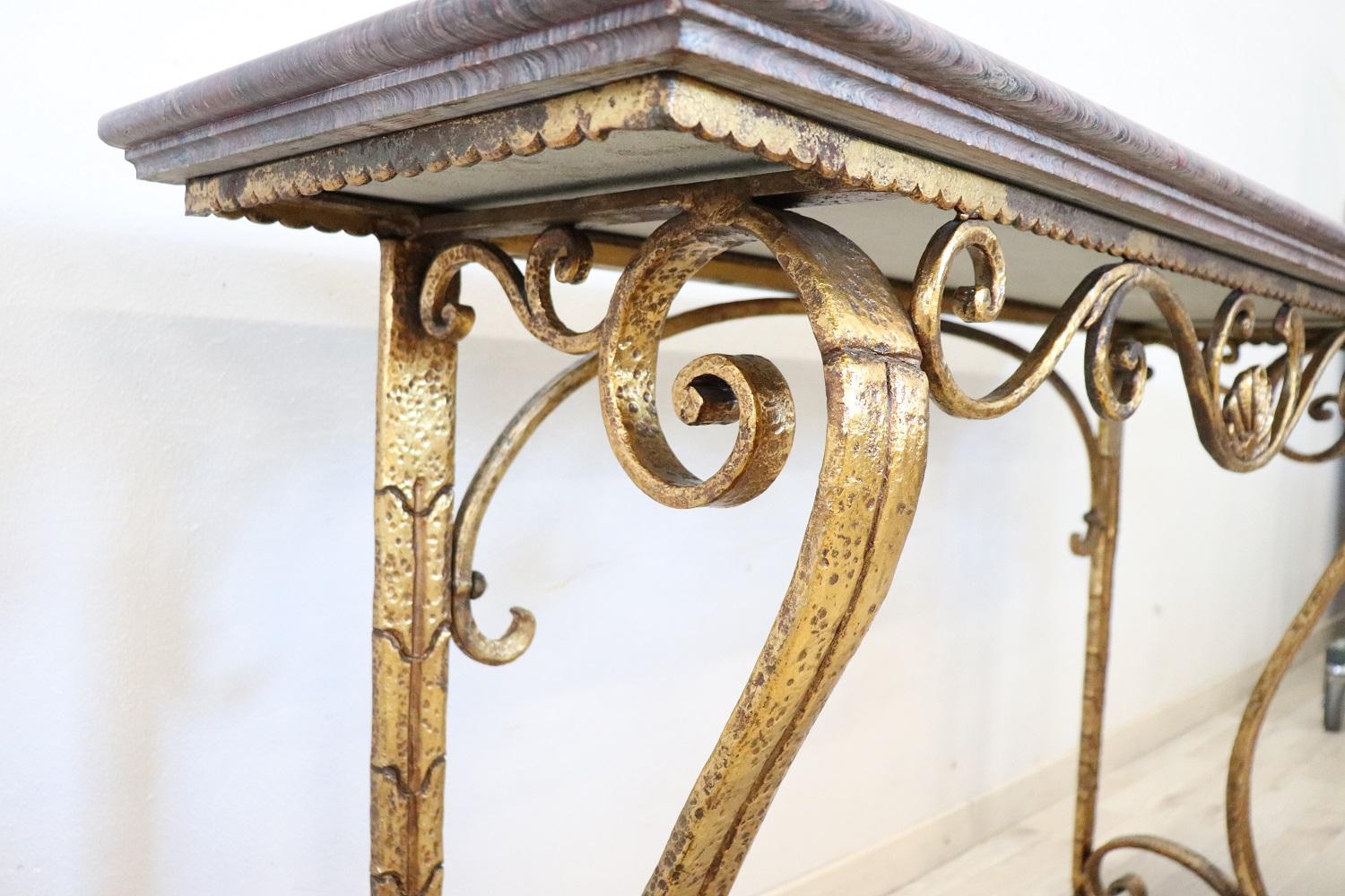 20th Century Italian Gilded Iron and Marble Top Console Table 3