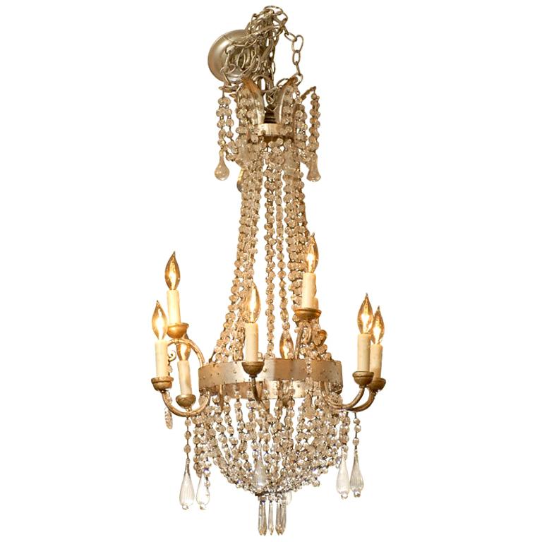 20th Century Italian Gilt Metal and Crystal Chandelier For Sale