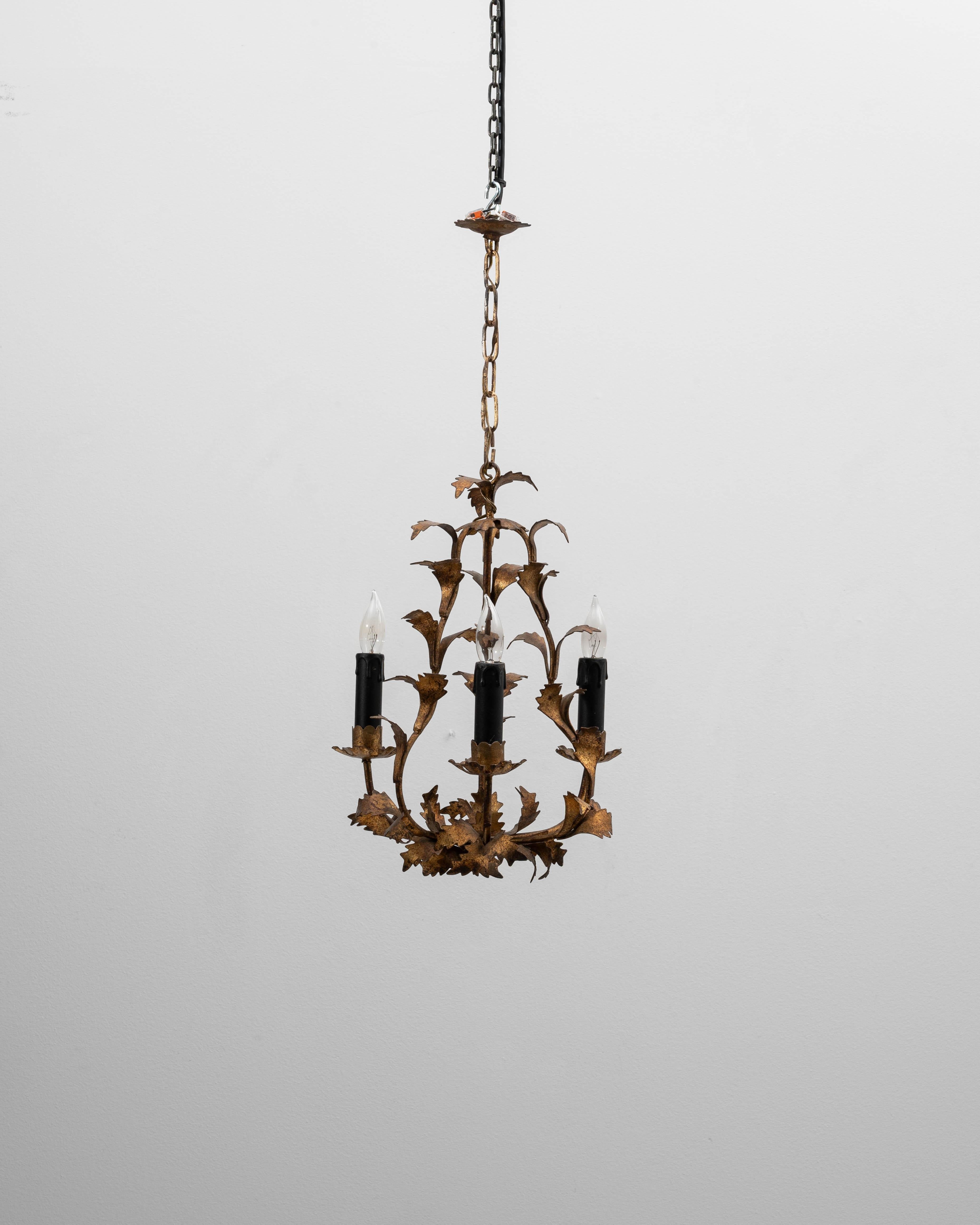 Ce lustre tole italien du XXe siècle en métal doré présente la délicatesse de l'artisanat et l'élégance botanique caractéristiques de l'éclairage italien du milieu du siècle. Design/One Nature est composée d'un assemblage gracieux de feuilles