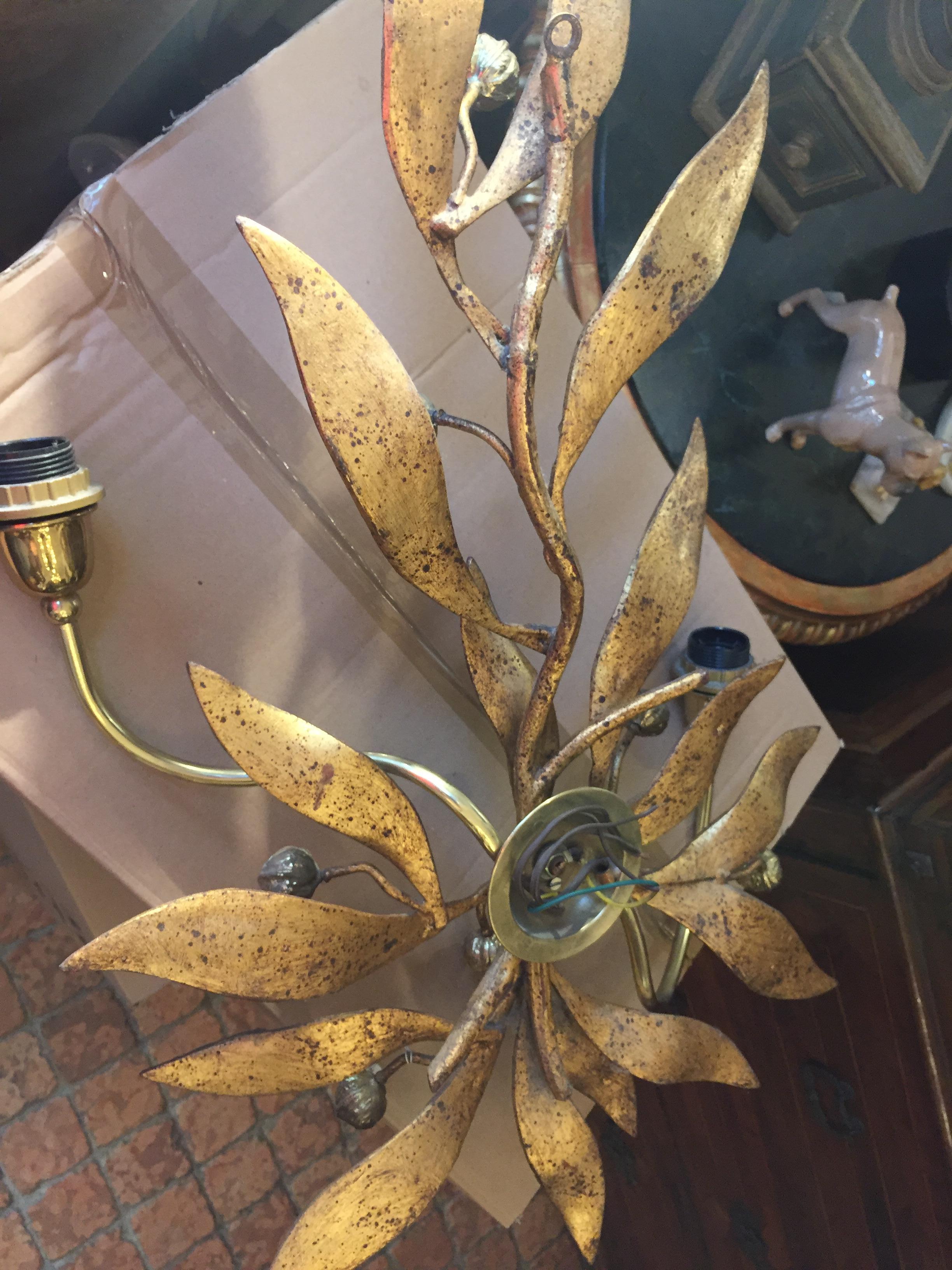 20th Century Italian Gilt Iron Leafed Sconce Monumental Two-light Wall Lamp For Sale 8