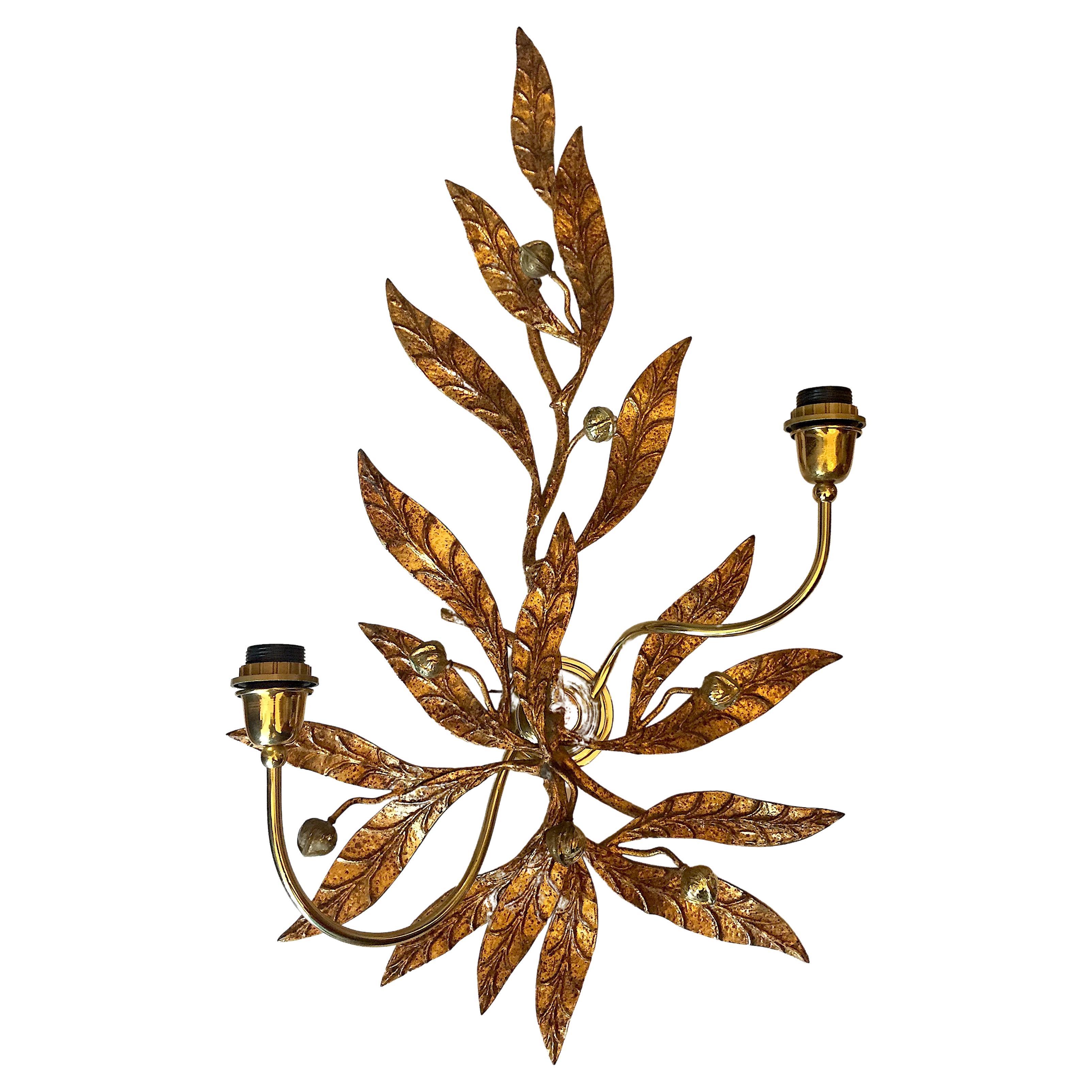20th Century Italian Gilt Iron Leafed Sconce Monumental Two-light Wall Lamp For Sale