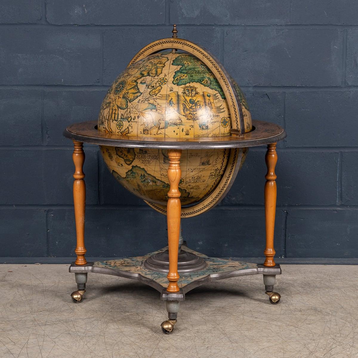 A charming old-world portable globe bar, crafted in Italy in the late 20th century, likely during the 1970s. Capturing the essence of vintage sophistication and functionality, although designed with modern materials, the bar is wrapped in
