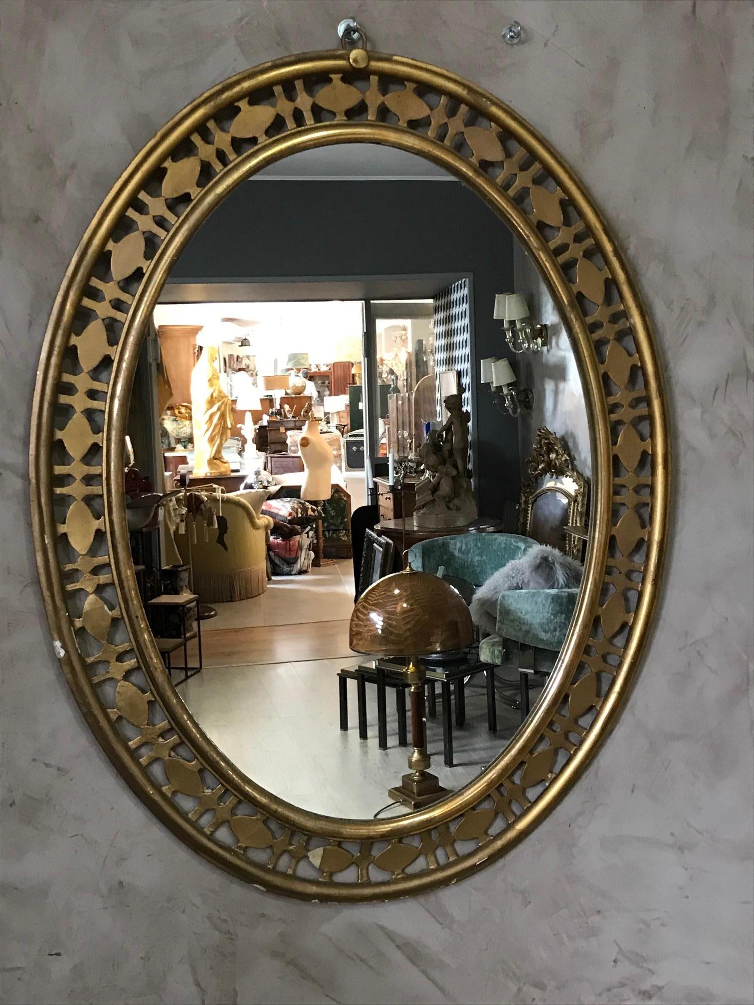 Mid-20th Century 20th Century Italian Golden Wood Oval Mirror, 1940s
