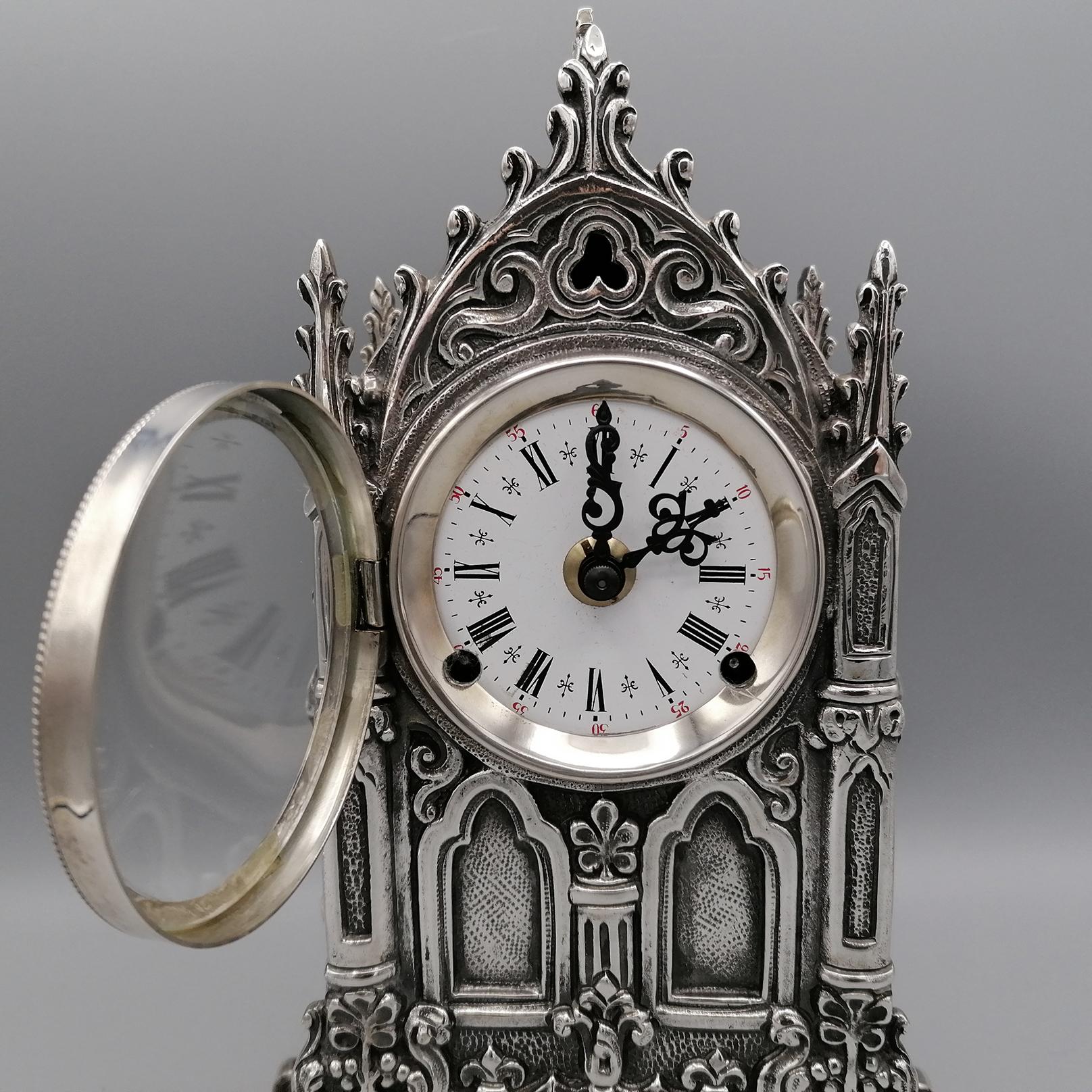 20th Century Italian Gothic revival Silver Table Clock For Sale 4