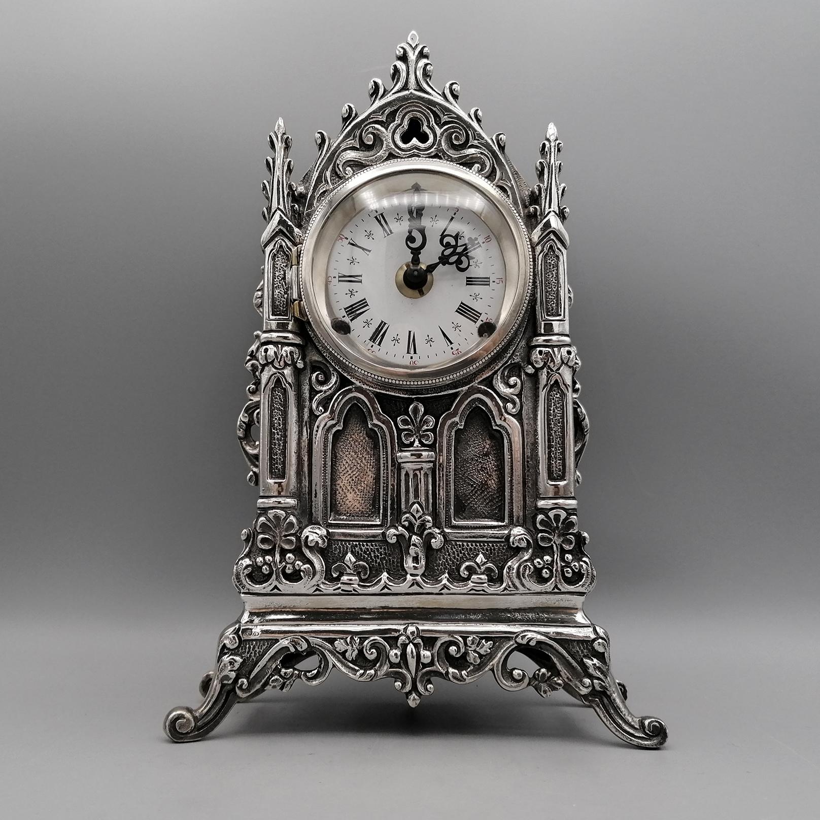 Gothic Revival 20th Century Italian Gothic revival Silver Table Clock For Sale