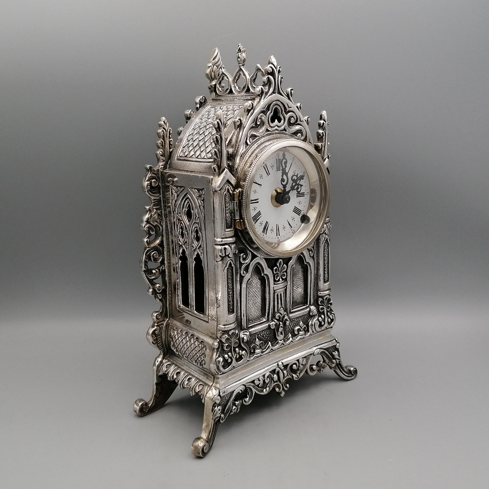 Engraved 20th Century Italian Gothic revival Silver Table Clock For Sale