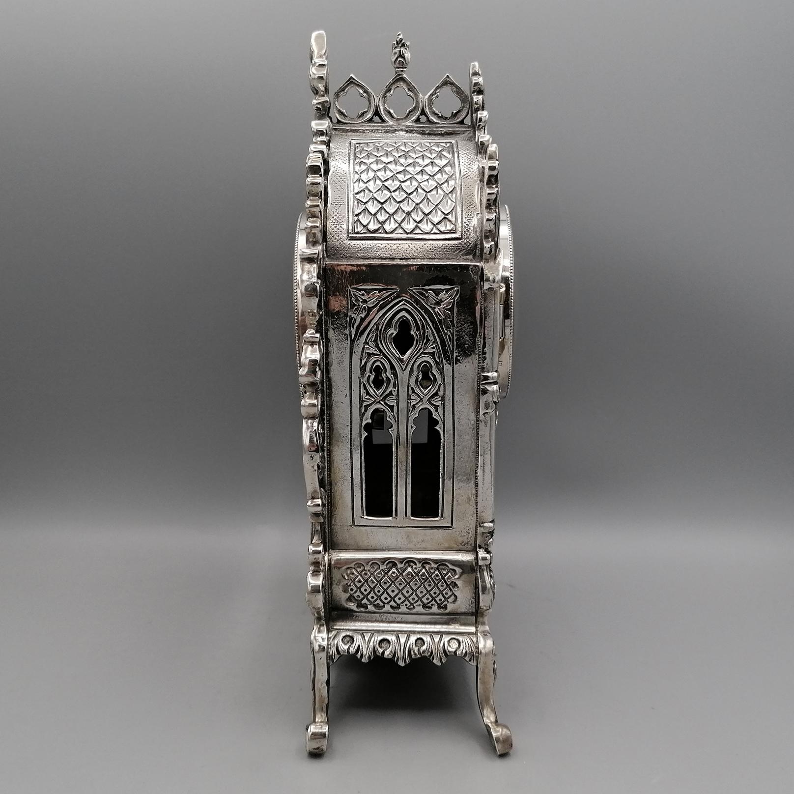 Late 20th Century 20th Century Italian Gothic revival Silver Table Clock For Sale