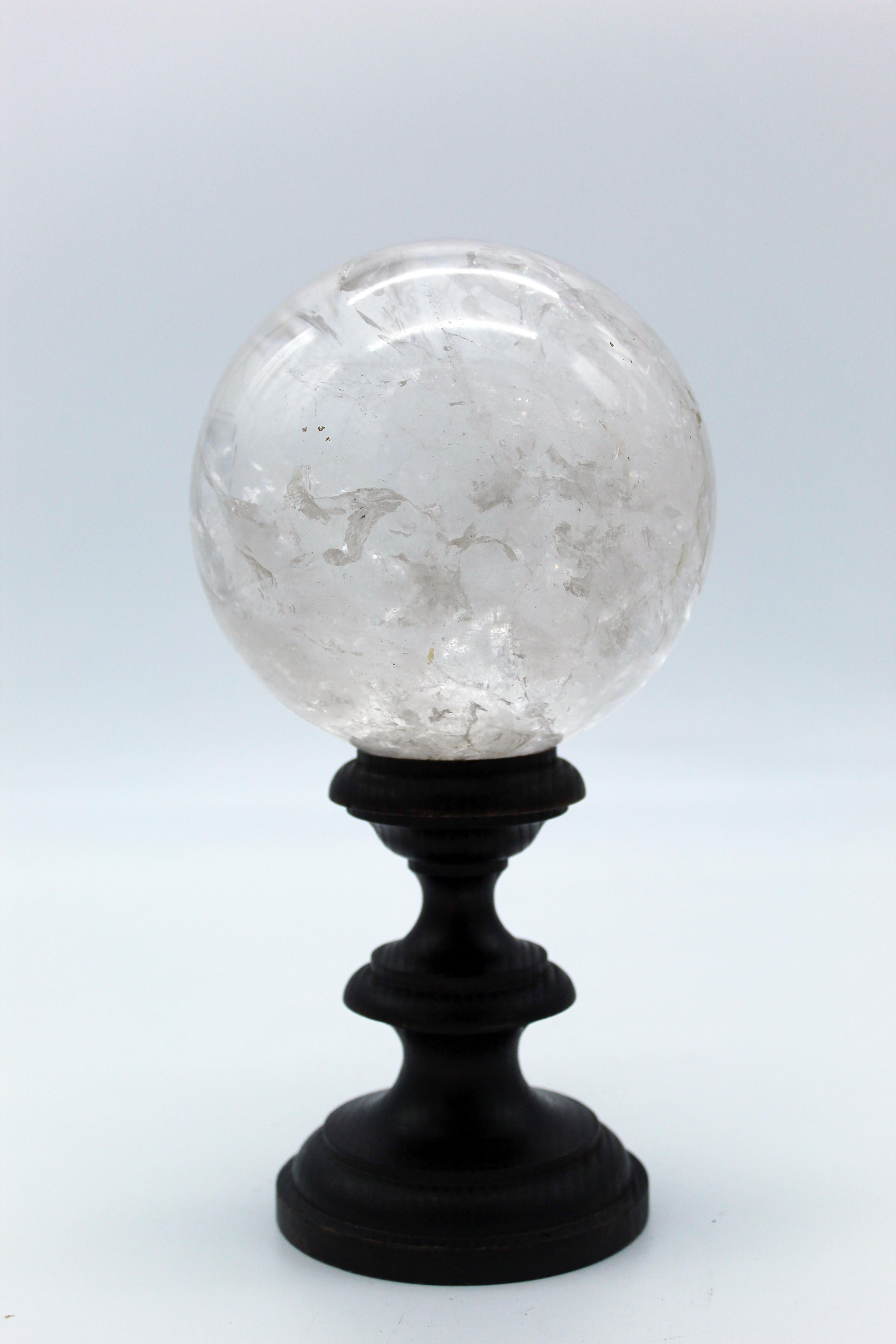 20th Century Italian Grand Tour Sculpture Rock Crystal Sphere on Wood Standing For Sale 1