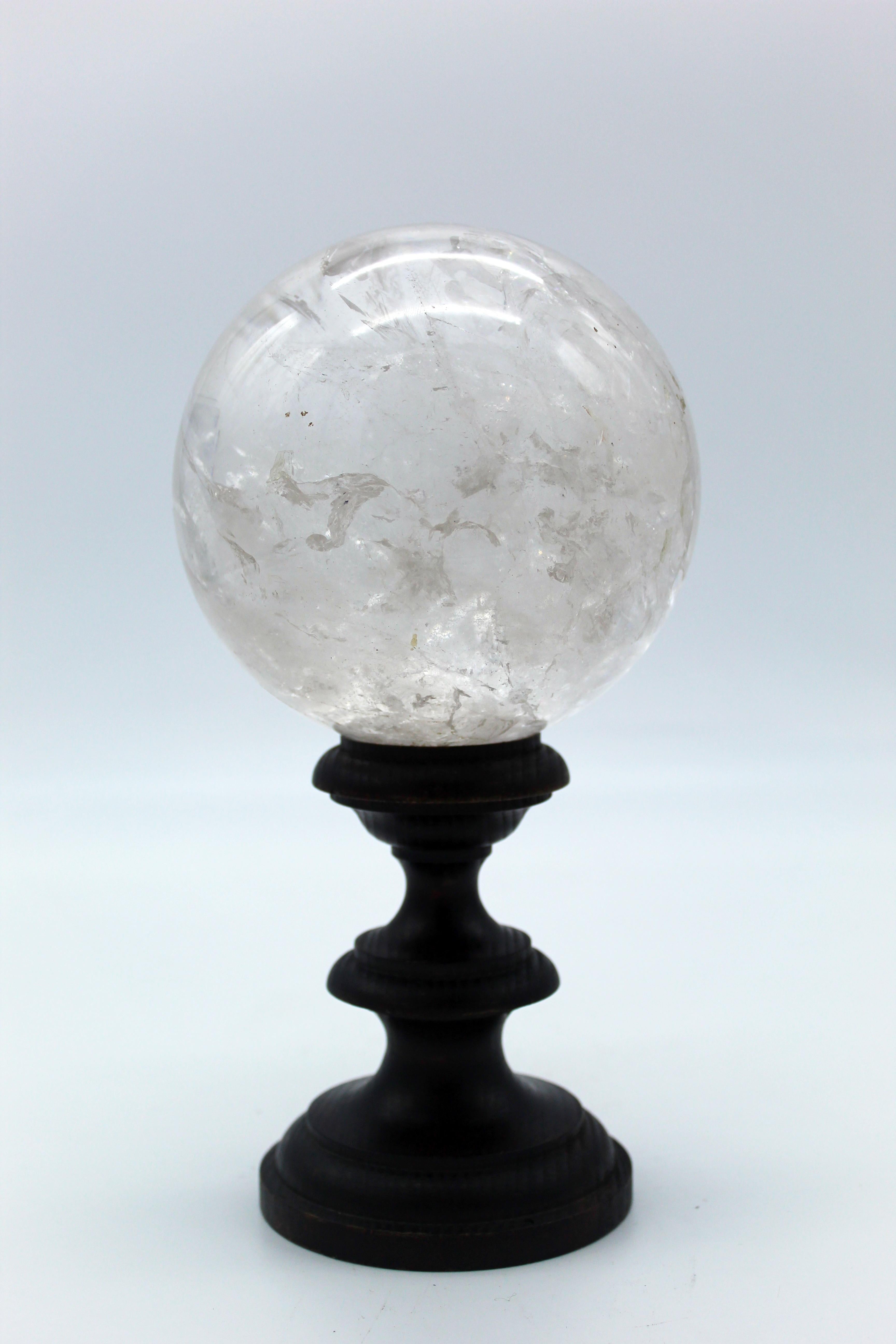 20th Century Italian Grand Tour Sculpture Rock Crystal Sphere on Wood Standing For Sale 2