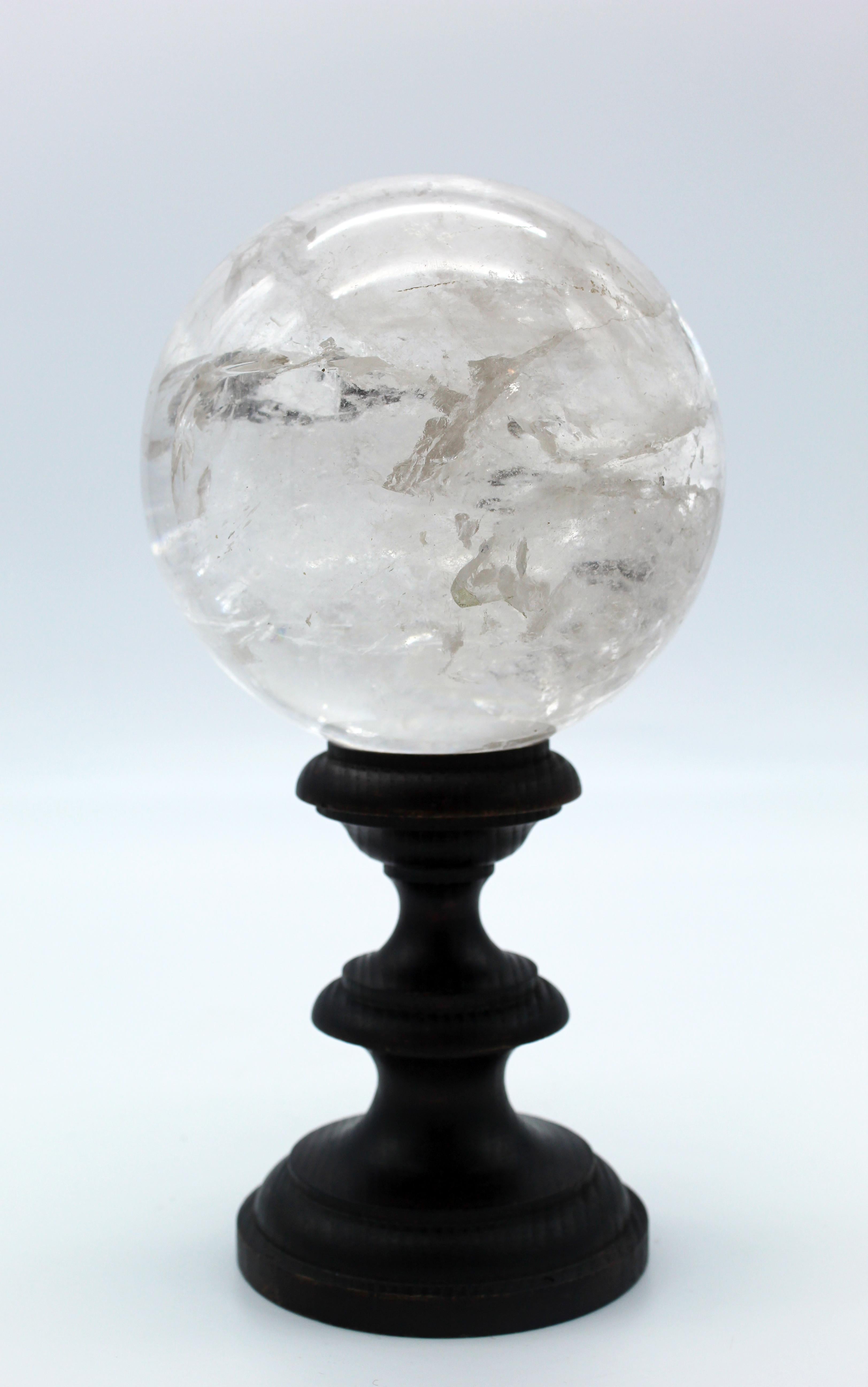 20th Century Italian Grand Tour Sculpture Rock Crystal Sphere on Wood Standing For Sale 4