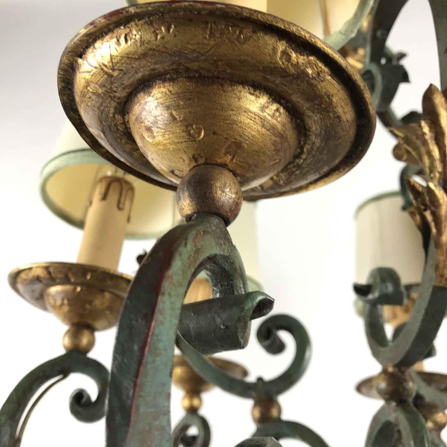 20th Century Italian Gray Painted Gilt-Leaf Wrought Iron Chandelier 6