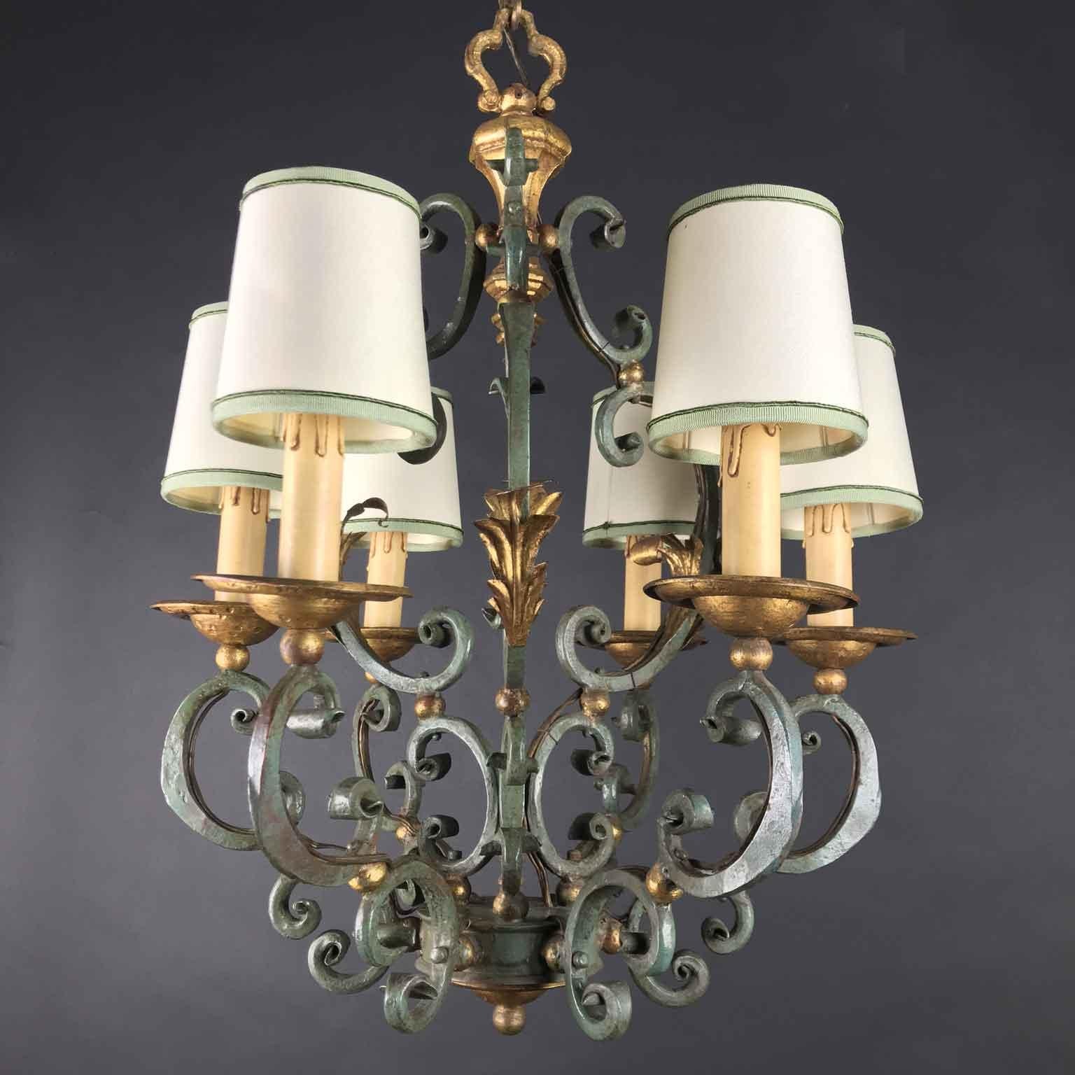 20th Century Italian Gray Painted Gilt-Leaf Wrought Iron Chandelier 7