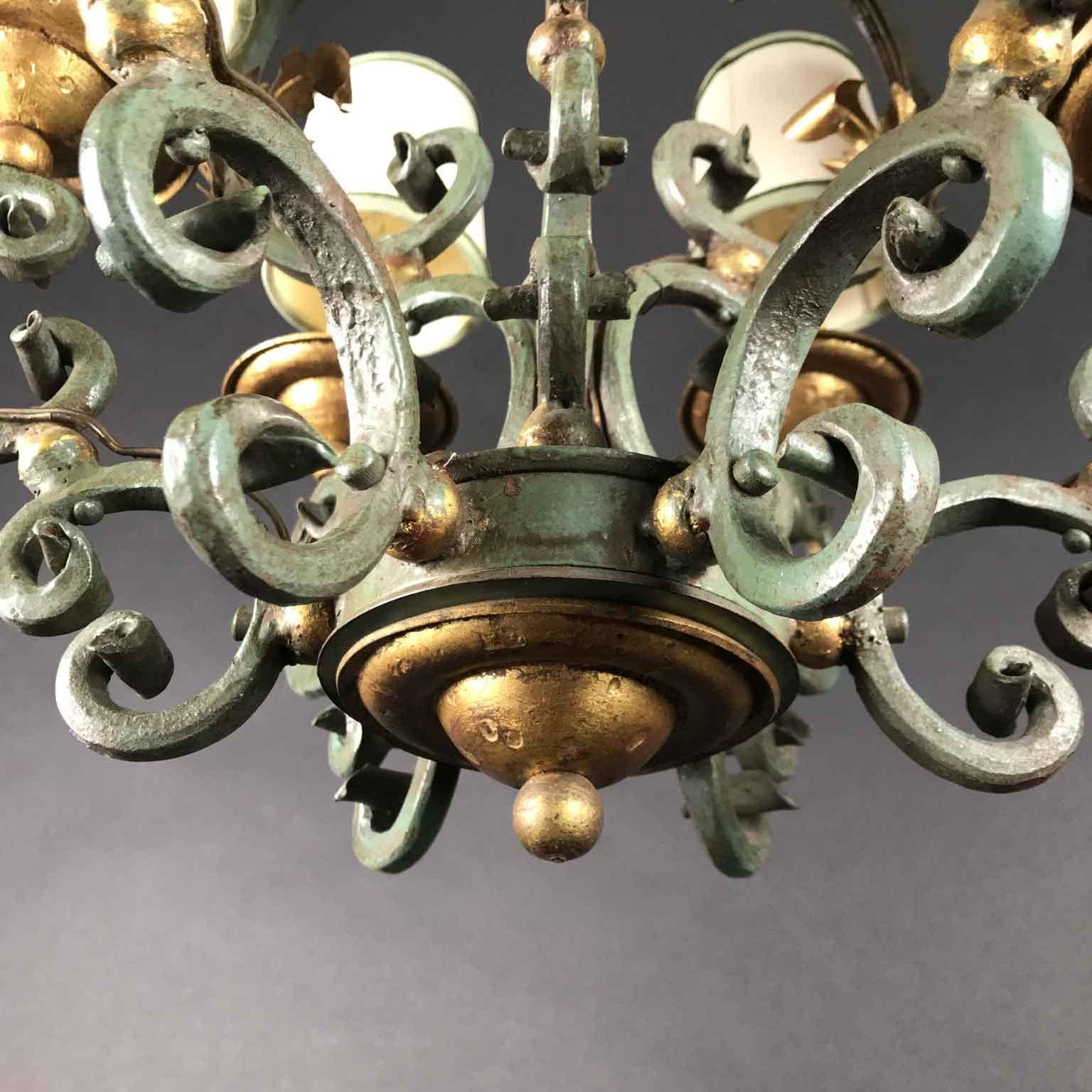 20th Century Italian Gray Painted Gilt-Leaf Wrought Iron Chandelier 9