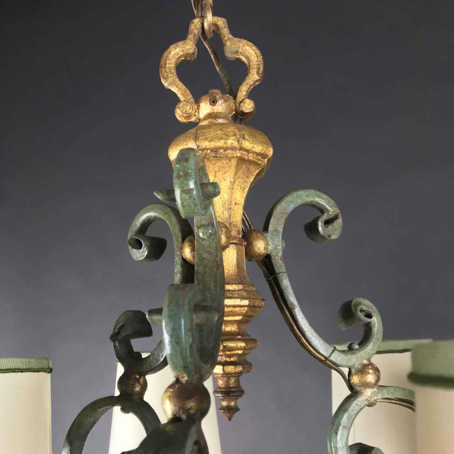20th Century Italian Gray Painted Gilt-Leaf Wrought Iron Chandelier 11