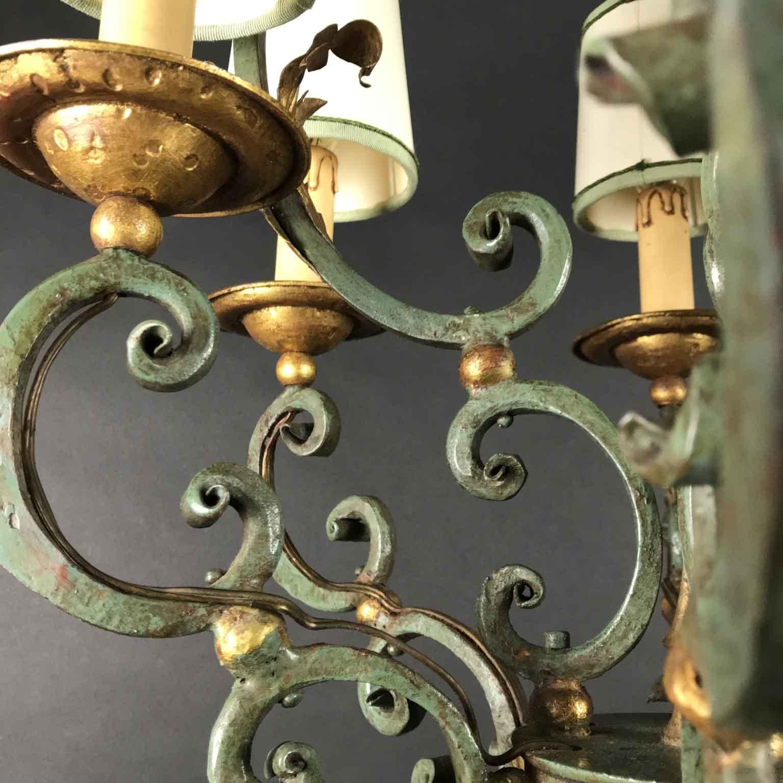 20th Century Italian Gray Painted Gilt-Leaf Wrought Iron Chandelier 12