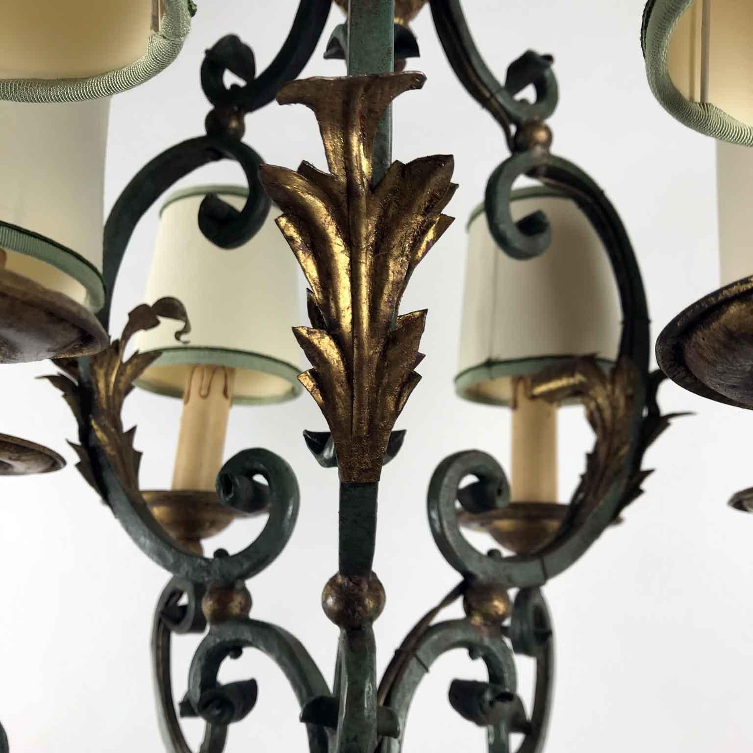 Hand-Painted 20th Century Italian Gray Painted Gilt-Leaf Wrought Iron Chandelier