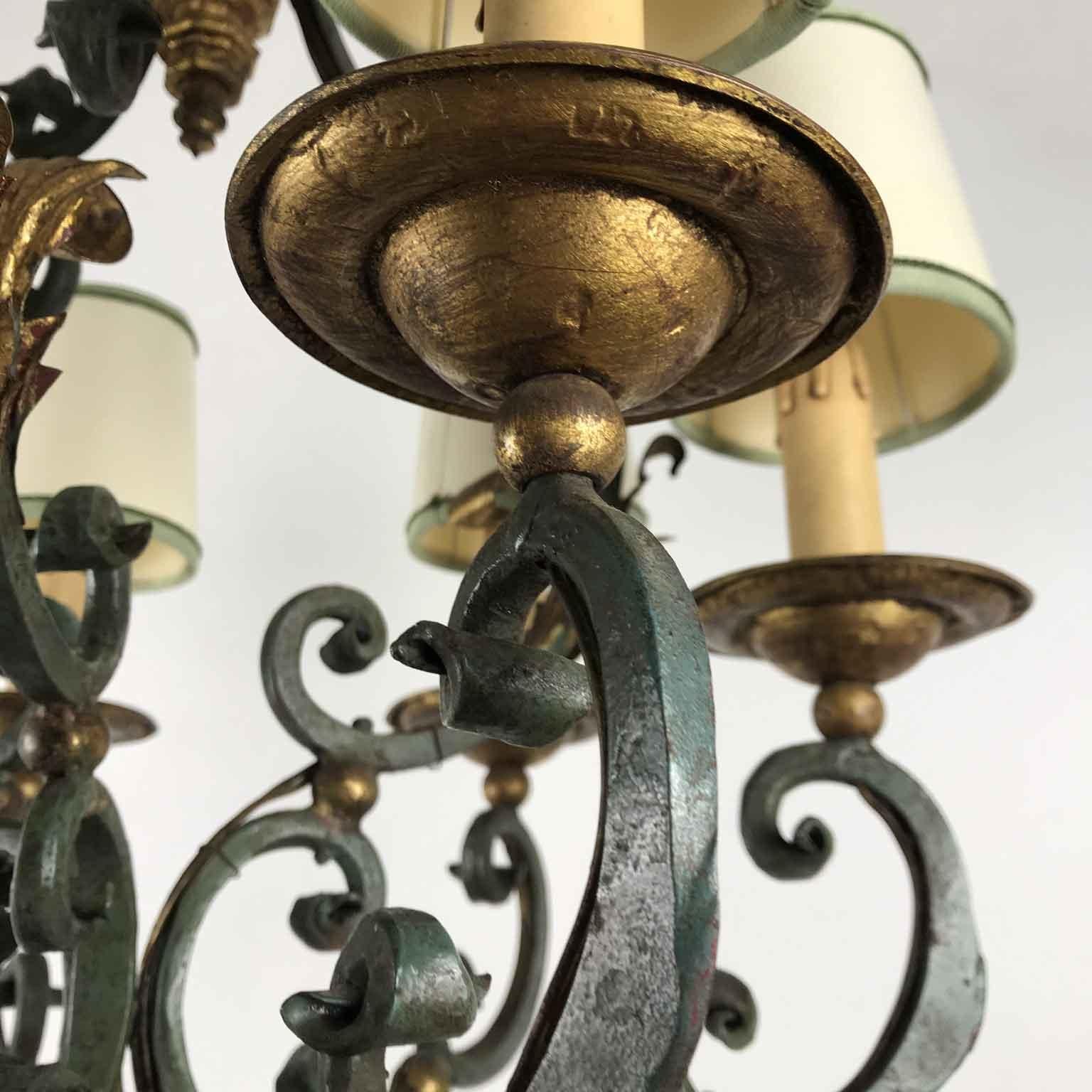 20th Century Italian Gray Painted Gilt-Leaf Wrought Iron Chandelier 1