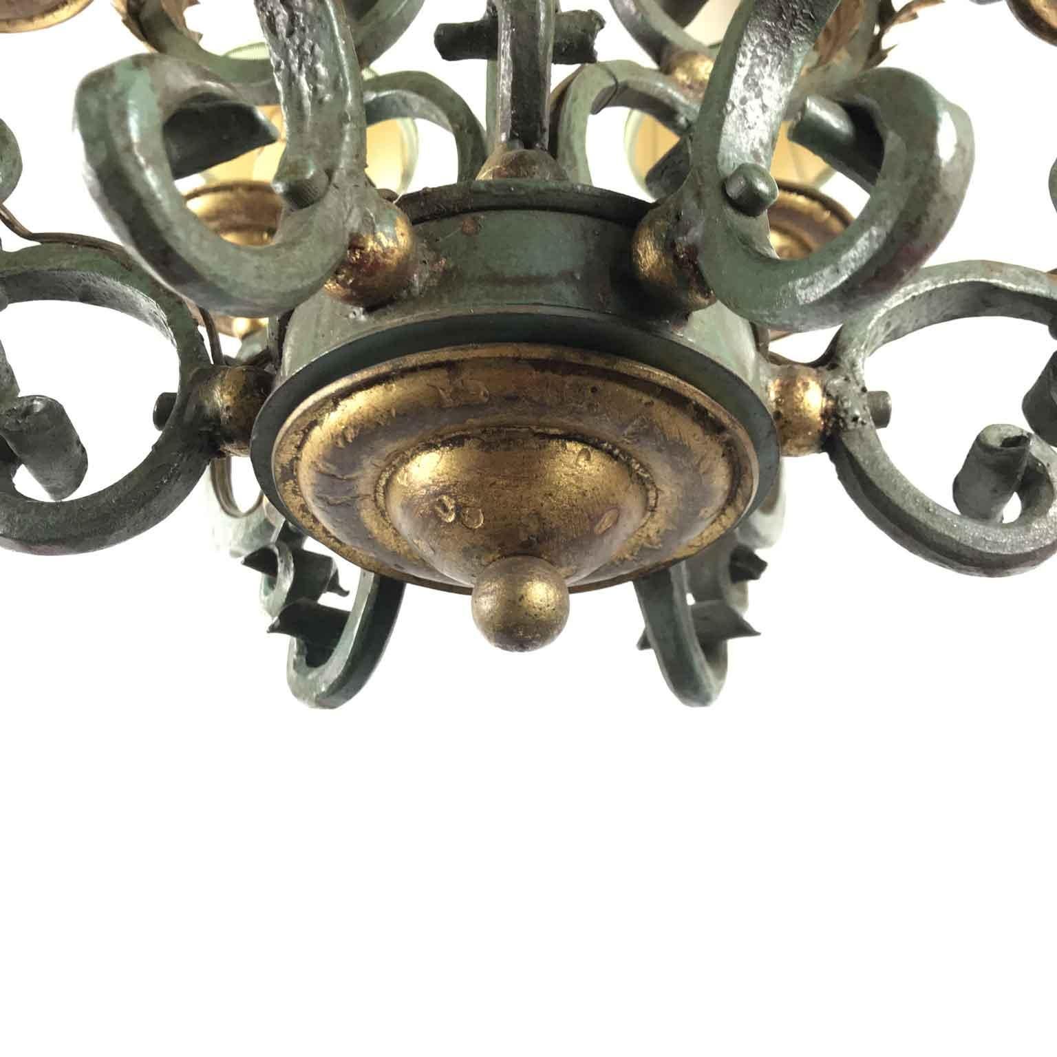 20th Century Italian Gray Painted Gilt-Leaf Wrought Iron Chandelier 2