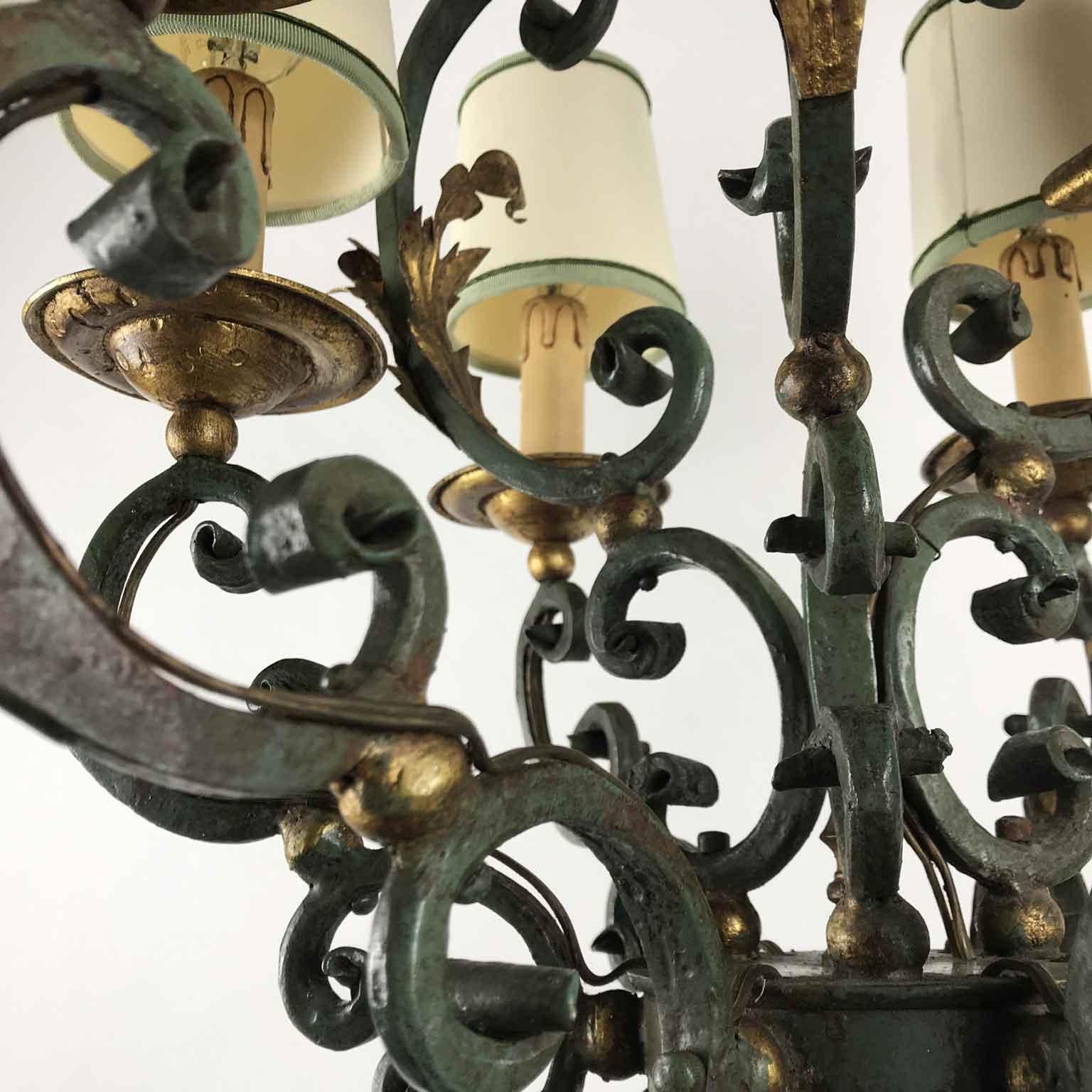 20th Century Italian Gray Painted Gilt-Leaf Wrought Iron Chandelier 3