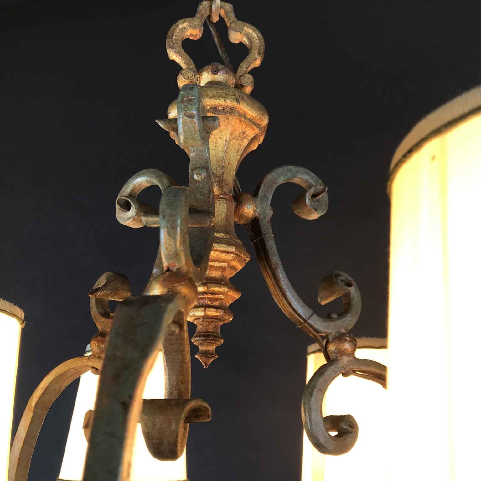 20th Century Italian Gray Painted Gilt-Leaf Wrought Iron Chandelier 4