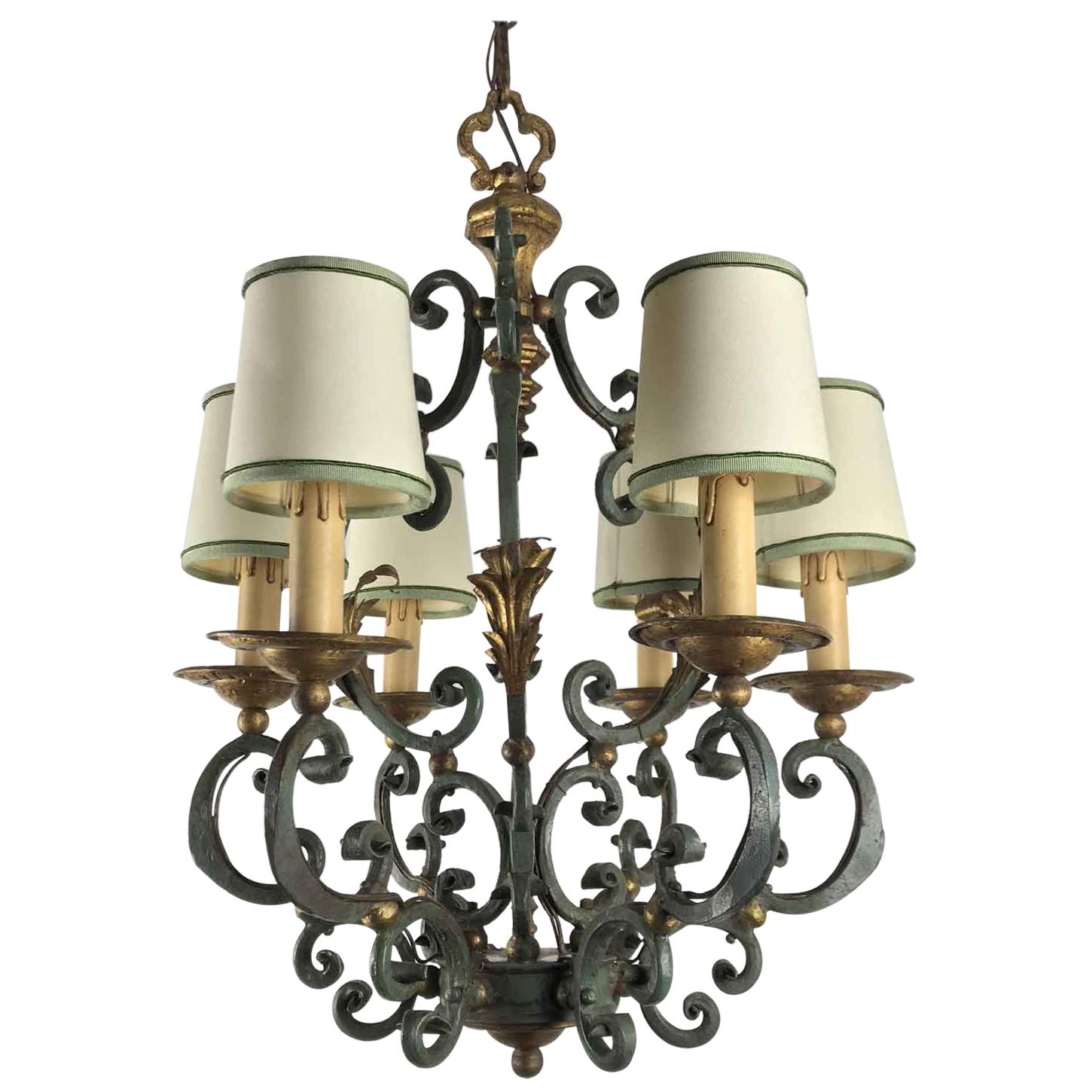 20th Century Italian Gray Painted Gilt-Leaf Wrought Iron Chandelier